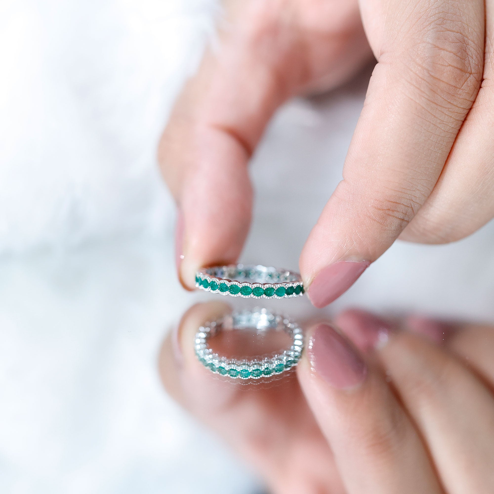 Beaded Bezel Set Emerald Full Eternity Stackable Ring AAA - Rosec Jewels