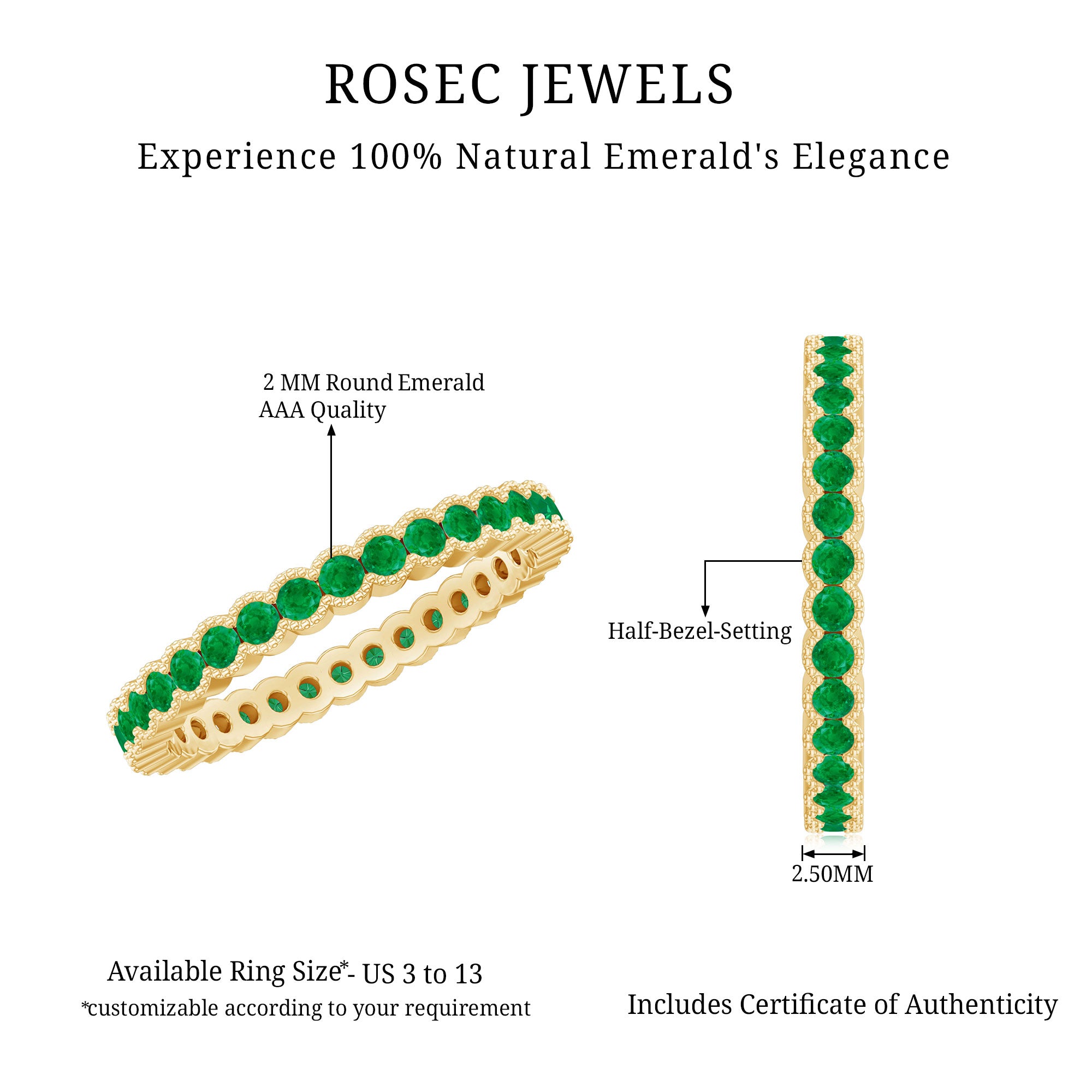 Beaded Bezel Set Emerald Full Eternity Stackable Ring AAA - Rosec Jewels