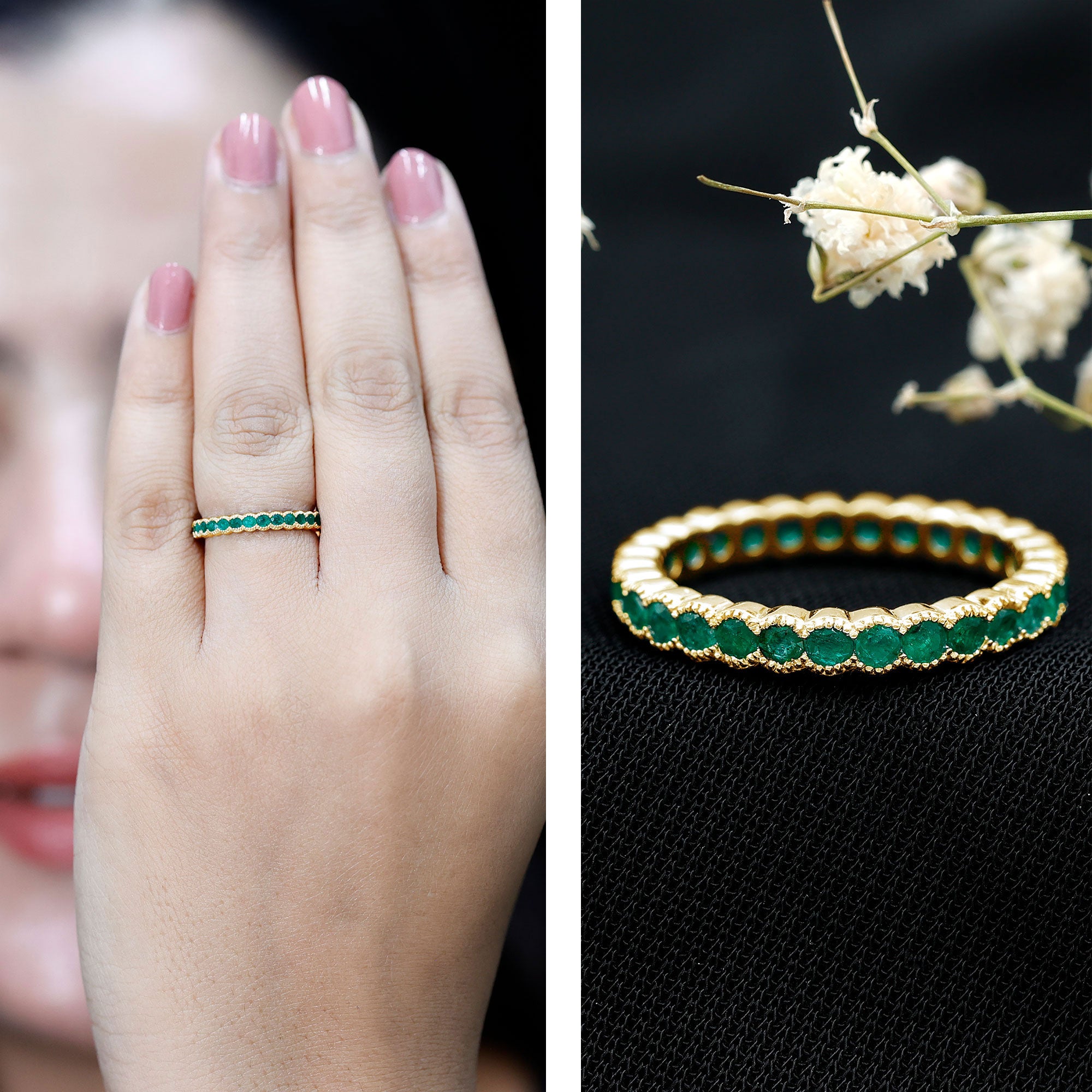Beaded Bezel Set Emerald Full Eternity Stackable Ring AAA - Rosec Jewels