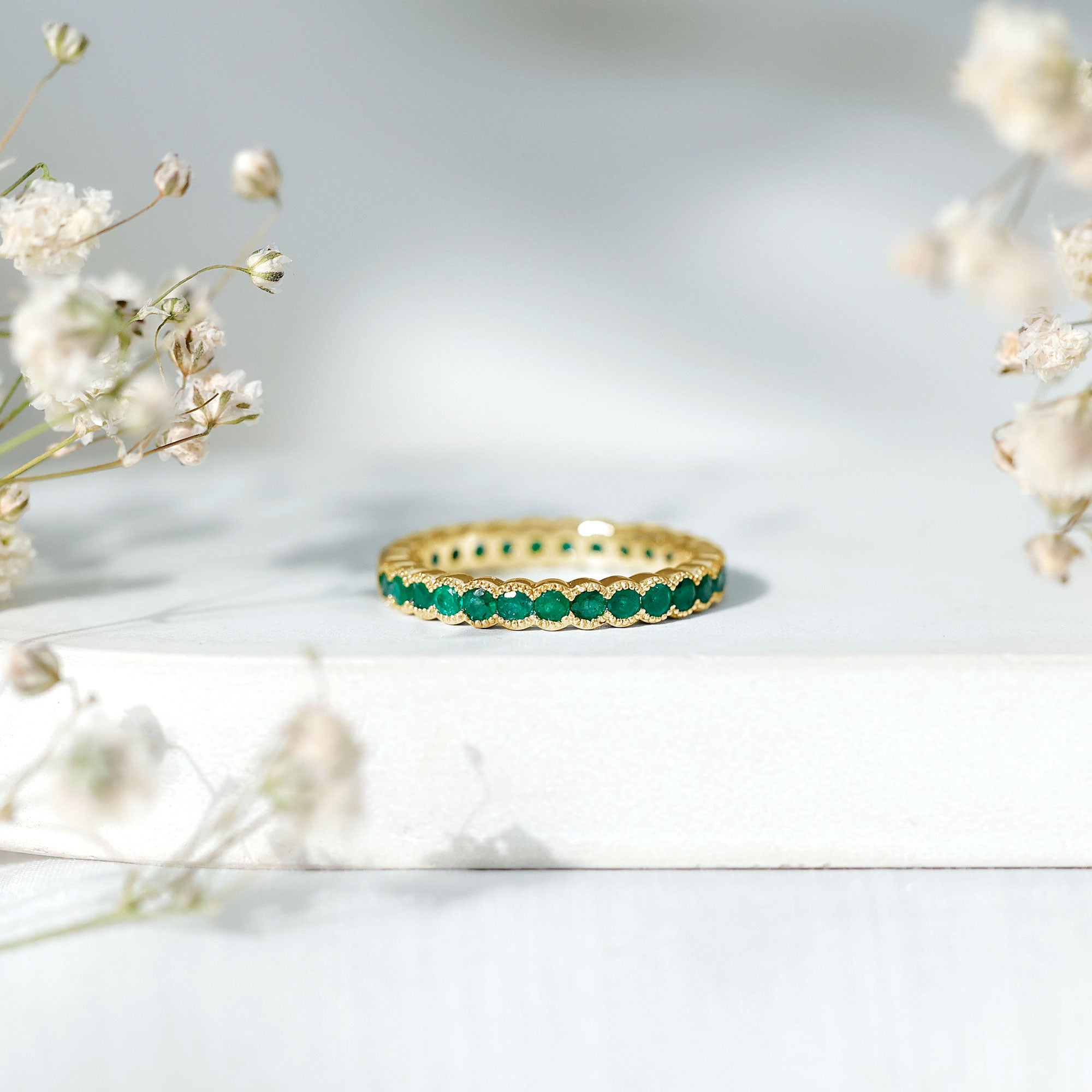 Beaded Bezel Set Emerald Full Eternity Stackable Ring AAA - Rosec Jewels