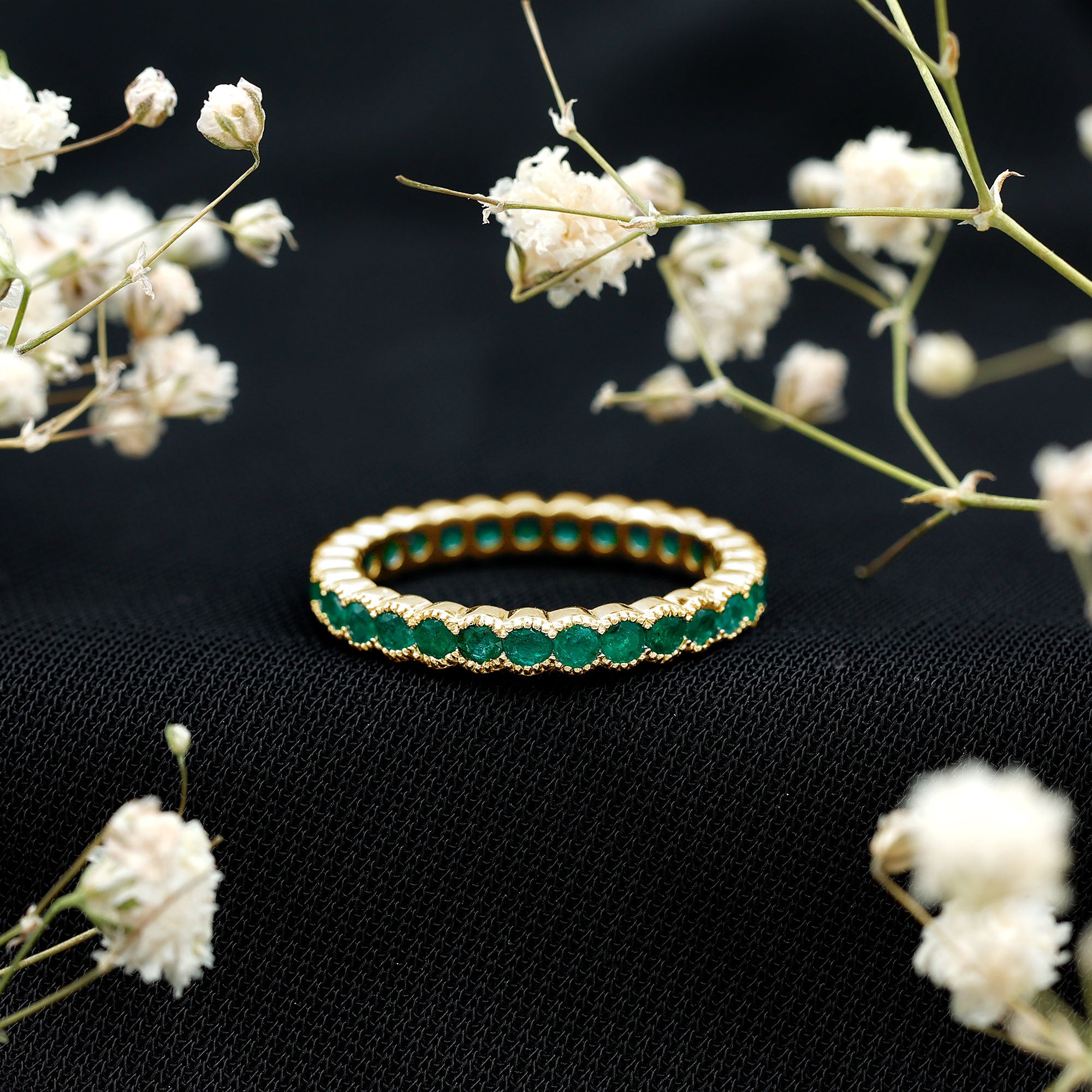 Beaded Bezel Set Emerald Full Eternity Stackable Ring AAA - Rosec Jewels