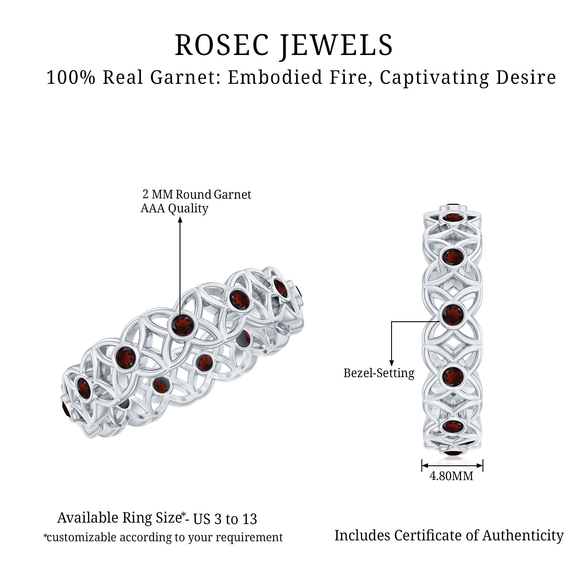 Certified Natural Garnet Flower Wedding Band AAA - Rosec Jewels