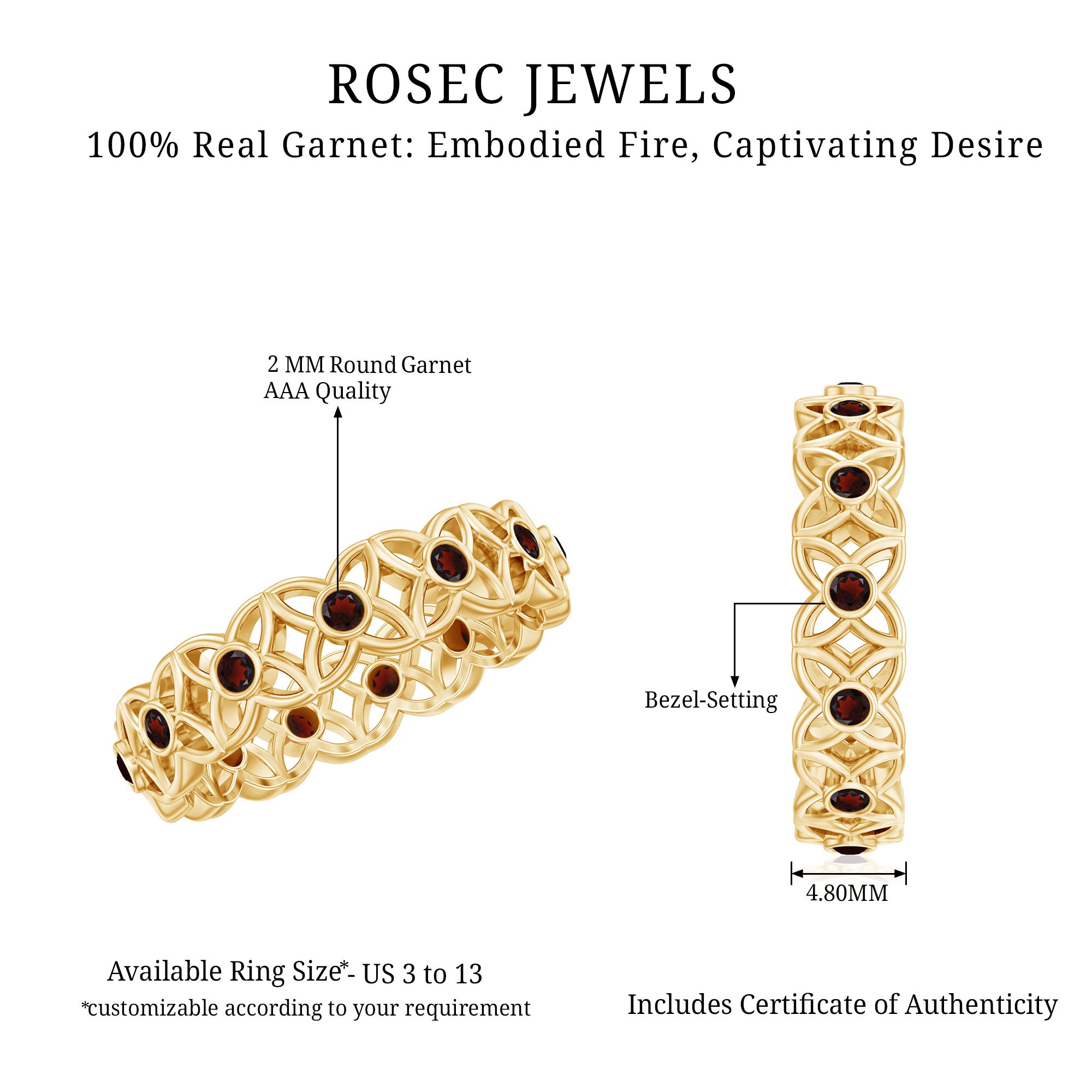 Certified Natural Garnet Flower Wedding Band AAA - Rosec Jewels