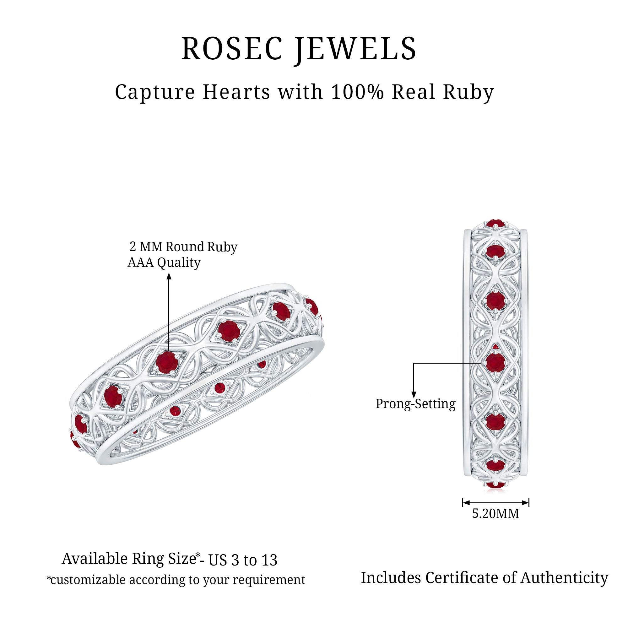 Natural Ruby Celtic Knot Wedding Band for Women AAA - Rosec Jewels