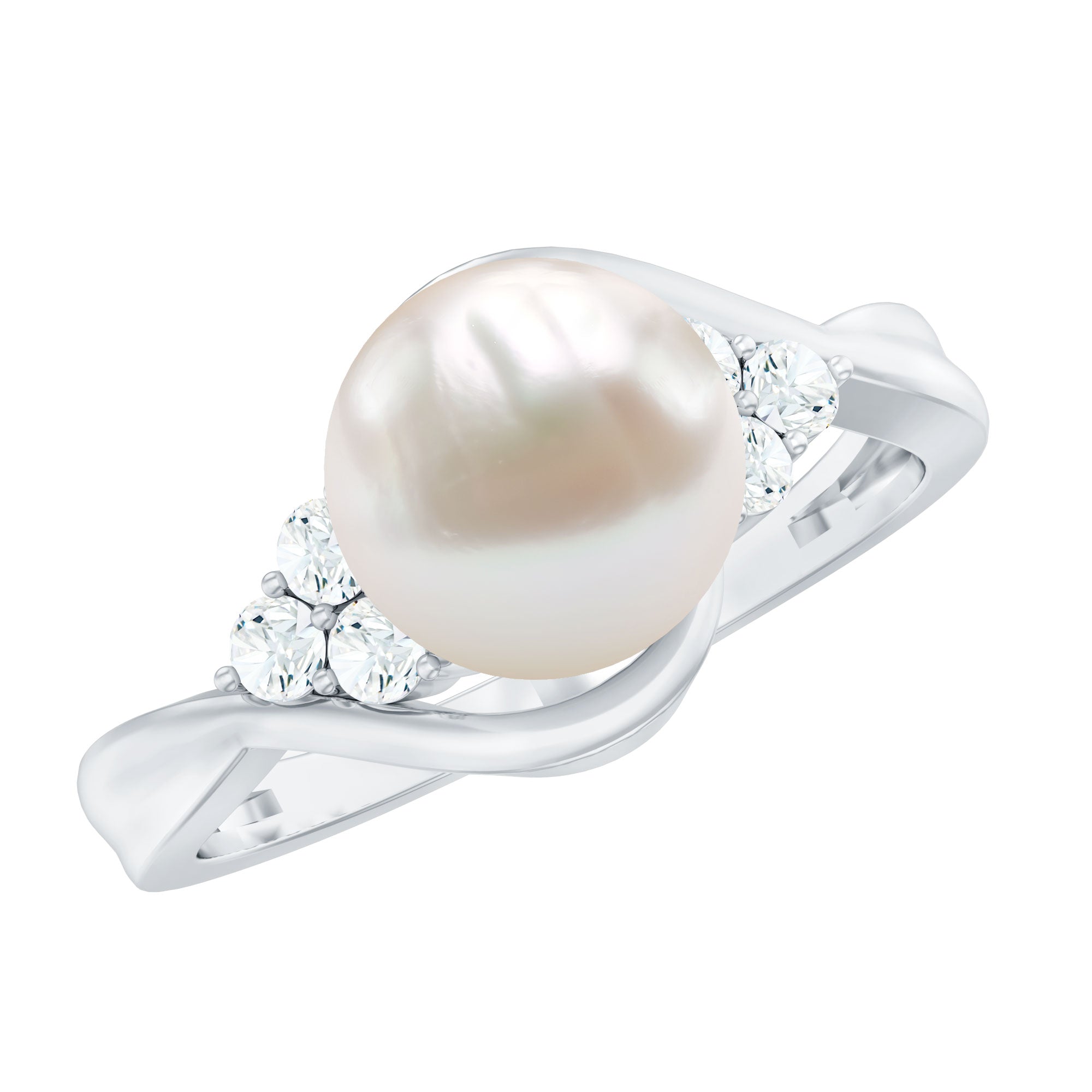 Pure Freshwater Pearl Bypass Engagement Ring with Diamond Trio