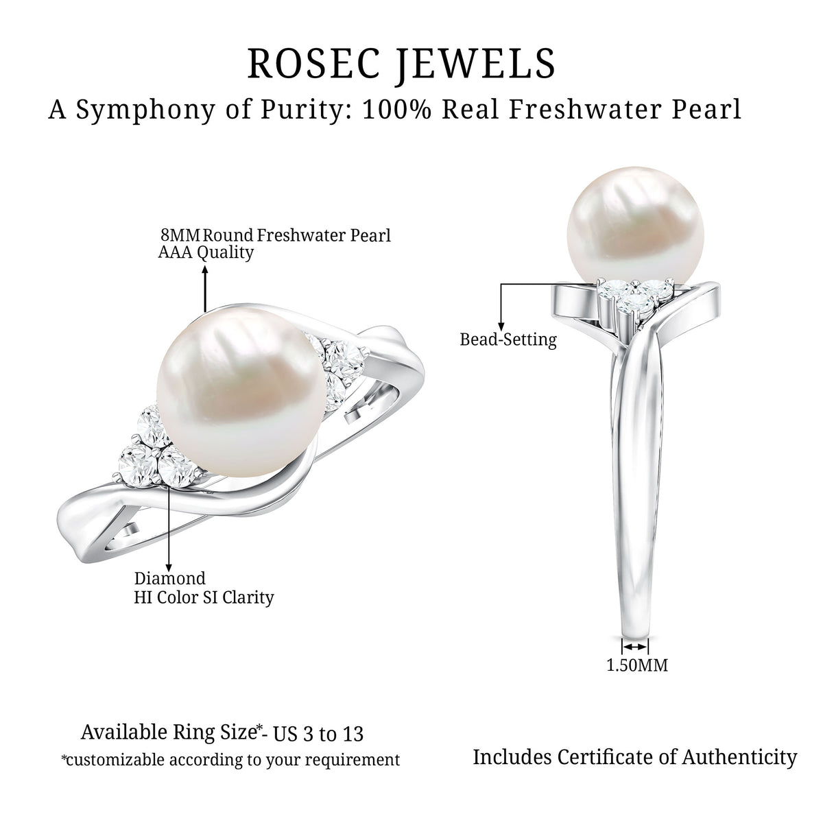 Natural 7.4 Carat Freshwater Pearl Engagement Ring with Diamond Trio AAA - Rosec Jewels