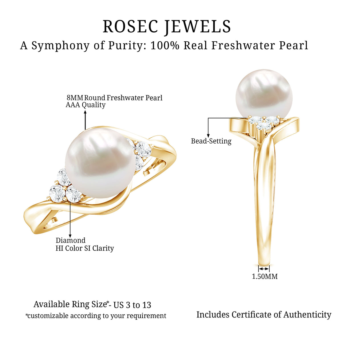 Natural 7.4 Carat Freshwater Pearl Engagement Ring with Diamond Trio AAA - Rosec Jewels