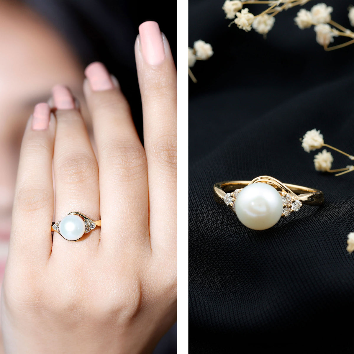 Natural 7.4 Carat Freshwater Pearl Engagement Ring with Diamond Trio AAA - Rosec Jewels