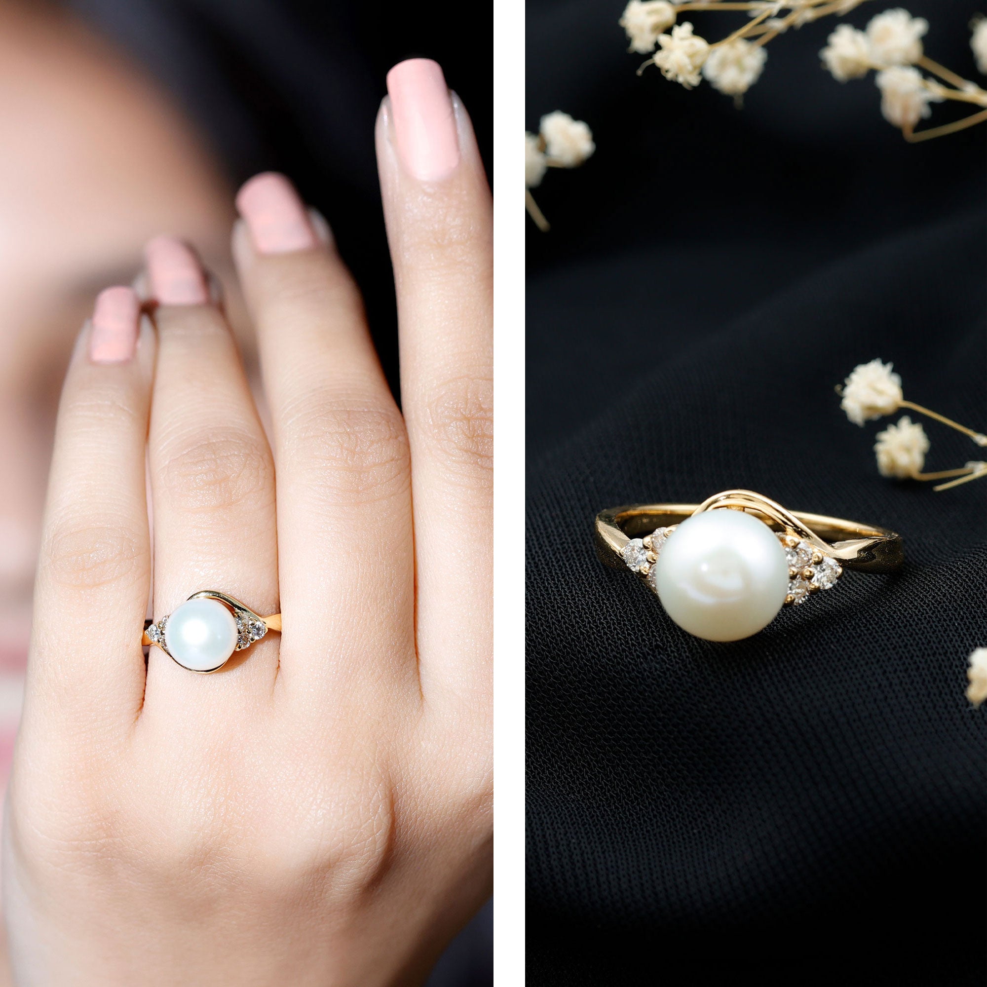 Rosec Jewels-Natural 7.4 Carat Freshwater Pearl Engagement Ring with Diamond Trio
