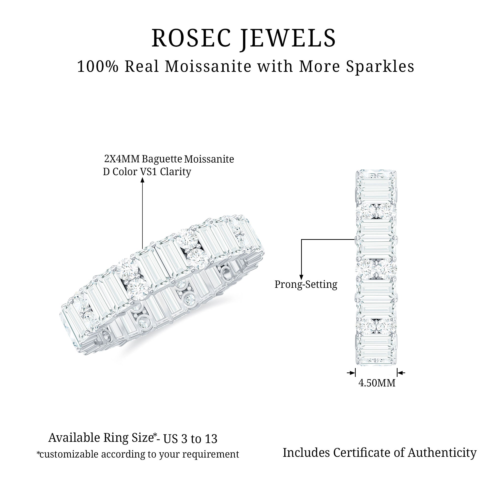 Round and Baguette Cut Moissanite Eternity Anniversary Band Moissanite - ( D-VS1 ) - Color and Clarity - Rosec Jewels