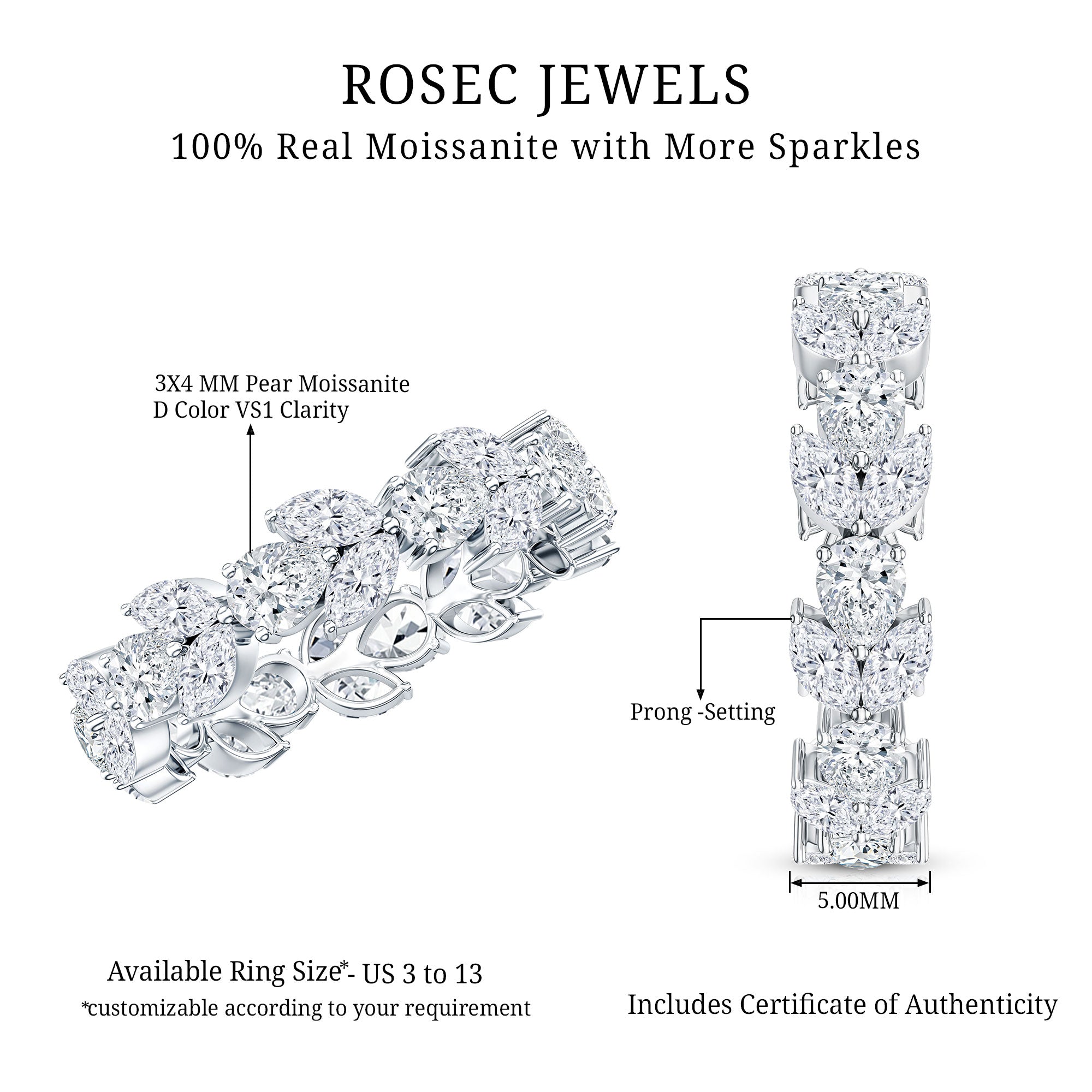 Certified Moissanite Leaf Eternity Band Ring for Women D-VS1 - Rosec Jewels
