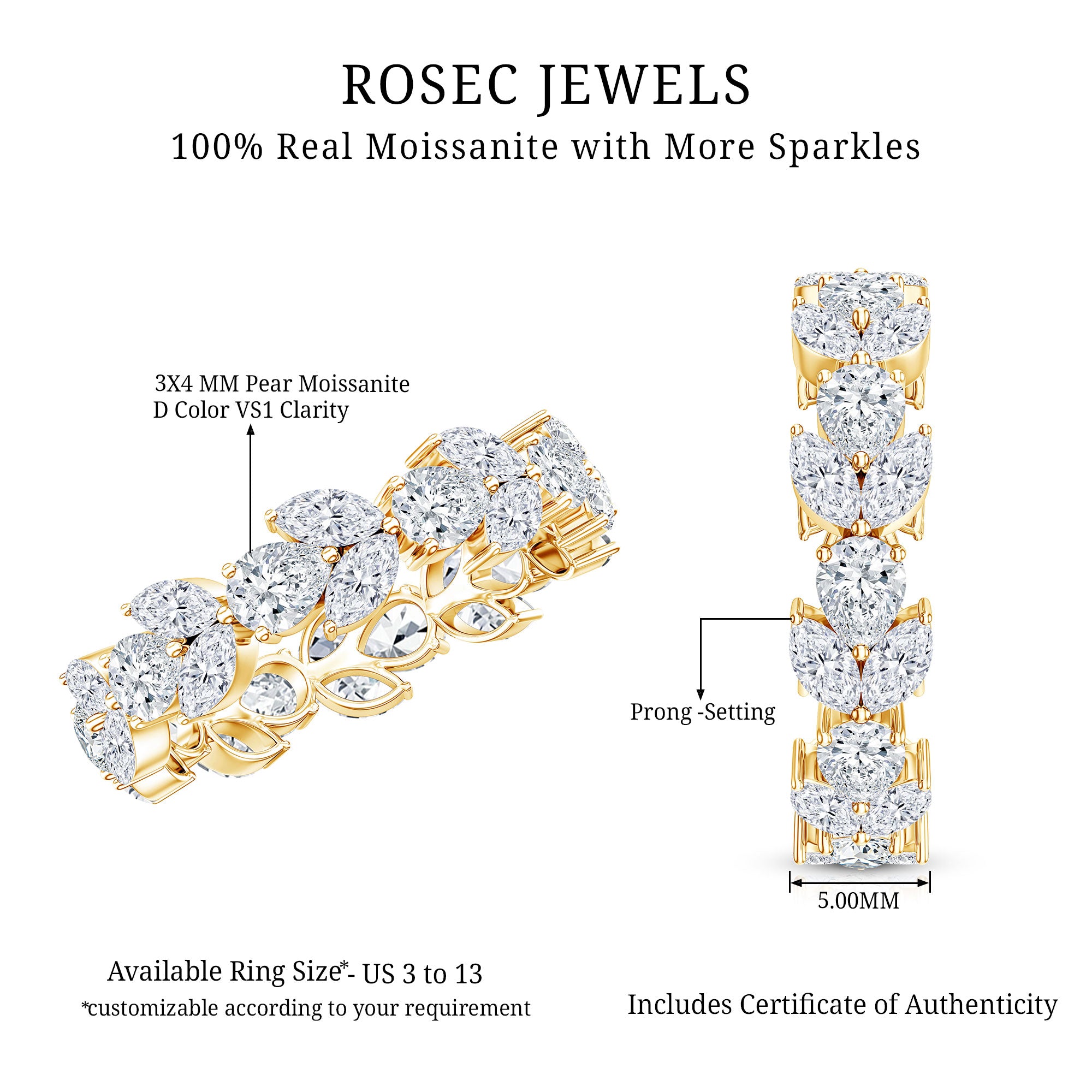 Certified Moissanite Leaf Eternity Band Ring for Women D-VS1 - Rosec Jewels