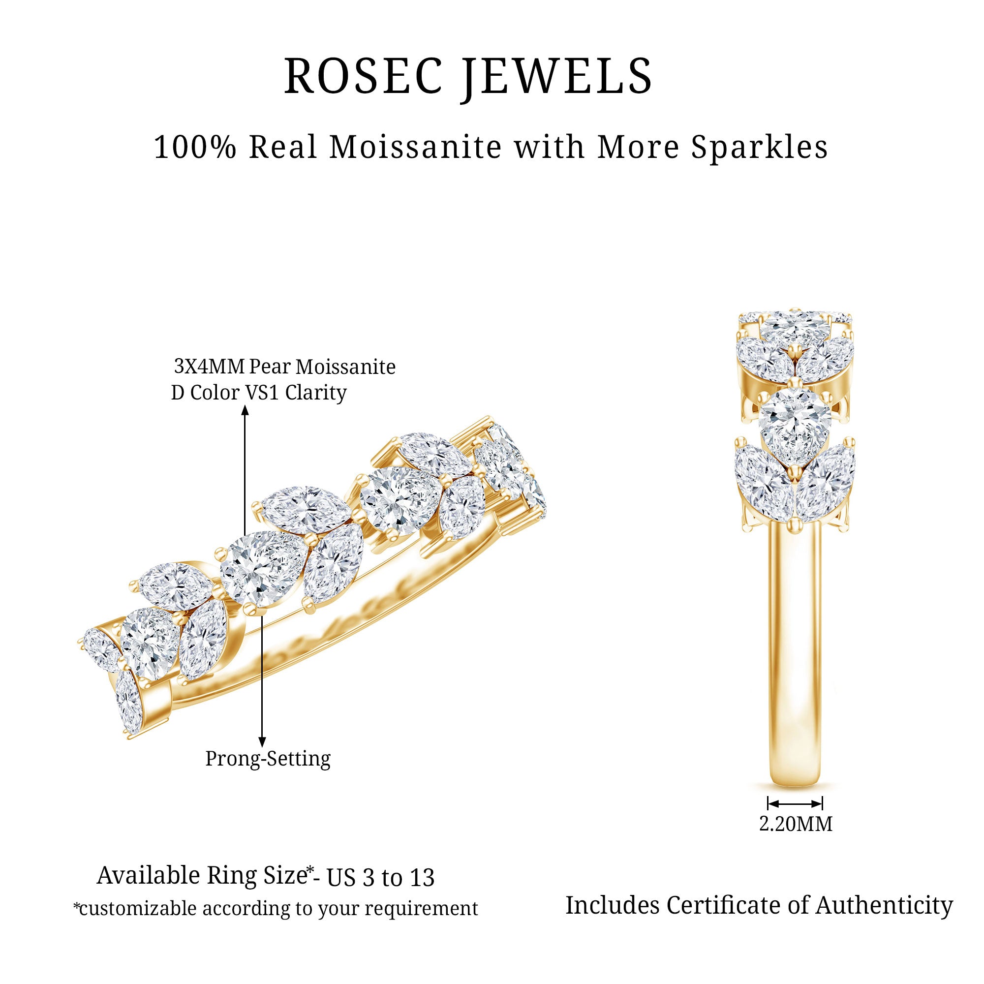 Certified Moissanite Wedding Band in Yellow Gold Plated Silver D-VS1 14K Yellow Gold Plated Silver - Rosec Jewels