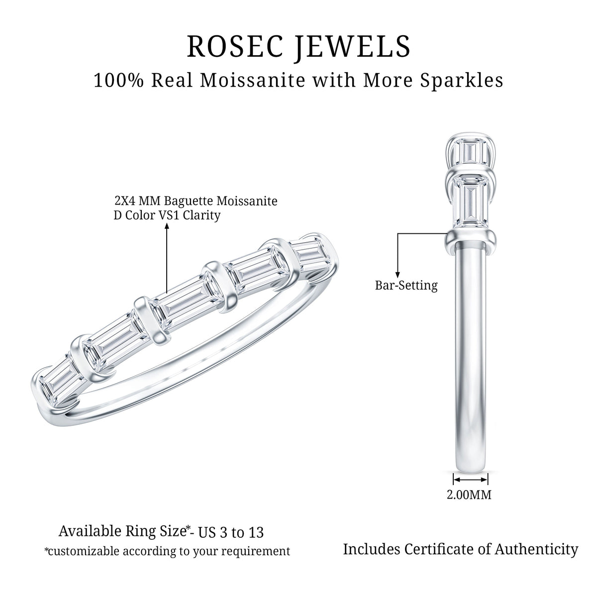 East West Set Moissanite Half Eternity Ring for Her D-VS1 - Rosec Jewels
