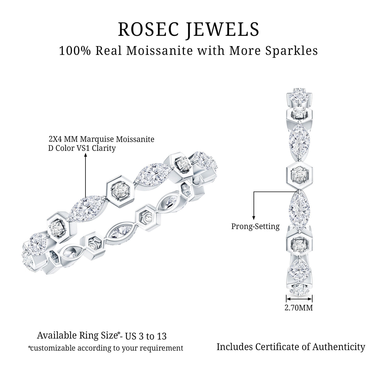 Certified Moissanite Contemporary Eternity Ring D-VS1 - Rosec Jewels