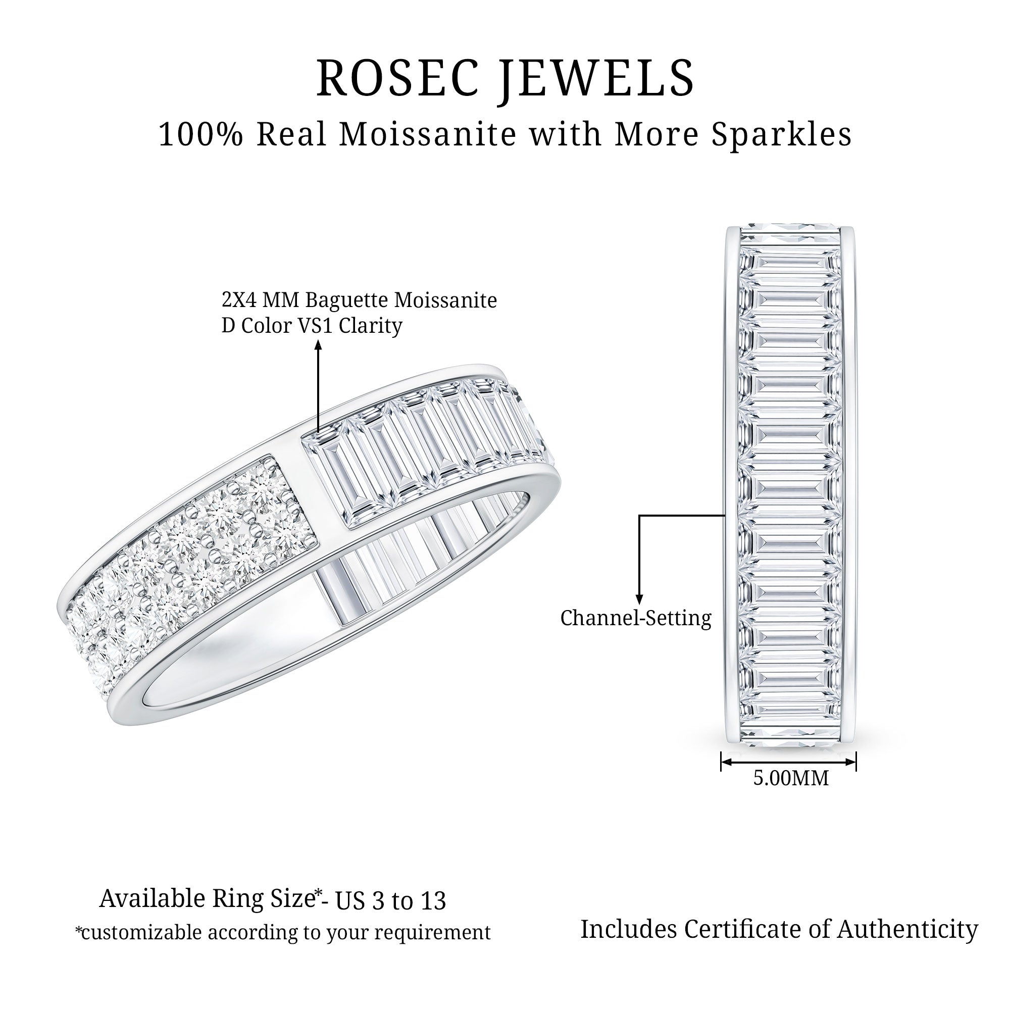 Certified Moissanite Wide Eternity Wedding Band D-VS1 - Rosec Jewels