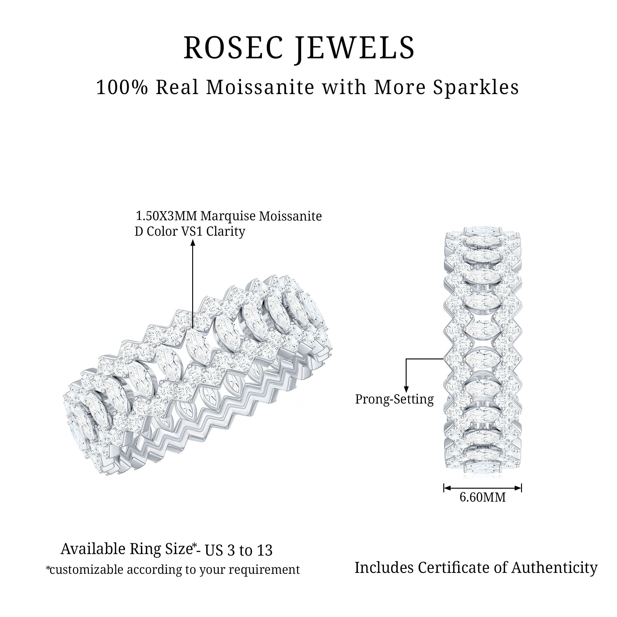 Certified Wide Moissanite Designer Wedding Band D-VS1 - Rosec Jewels