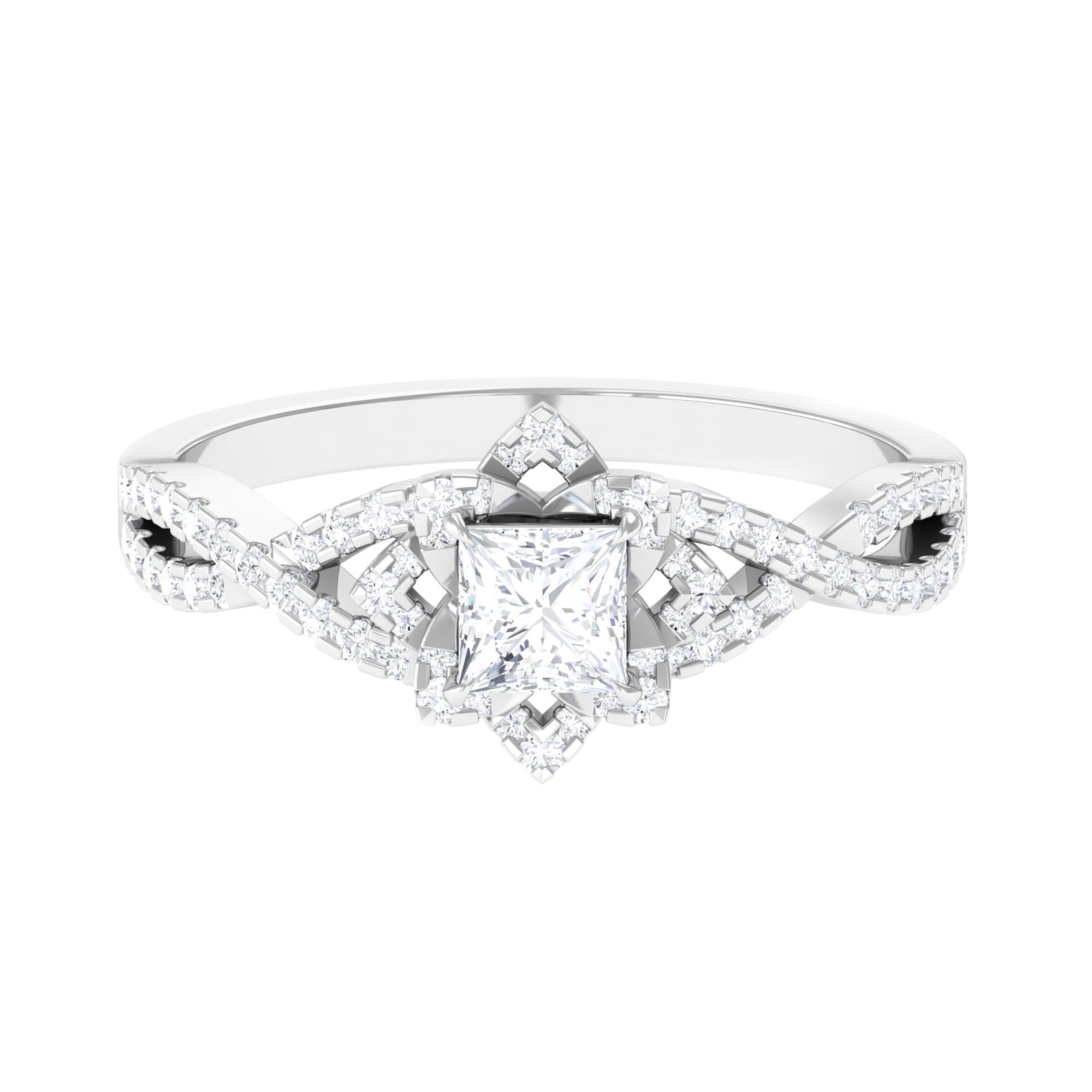 Natural Princess Cut Diamond Flower Engagement Ring with Crossover Shank Natural - ( HI-SI ) - Rosec Jewels