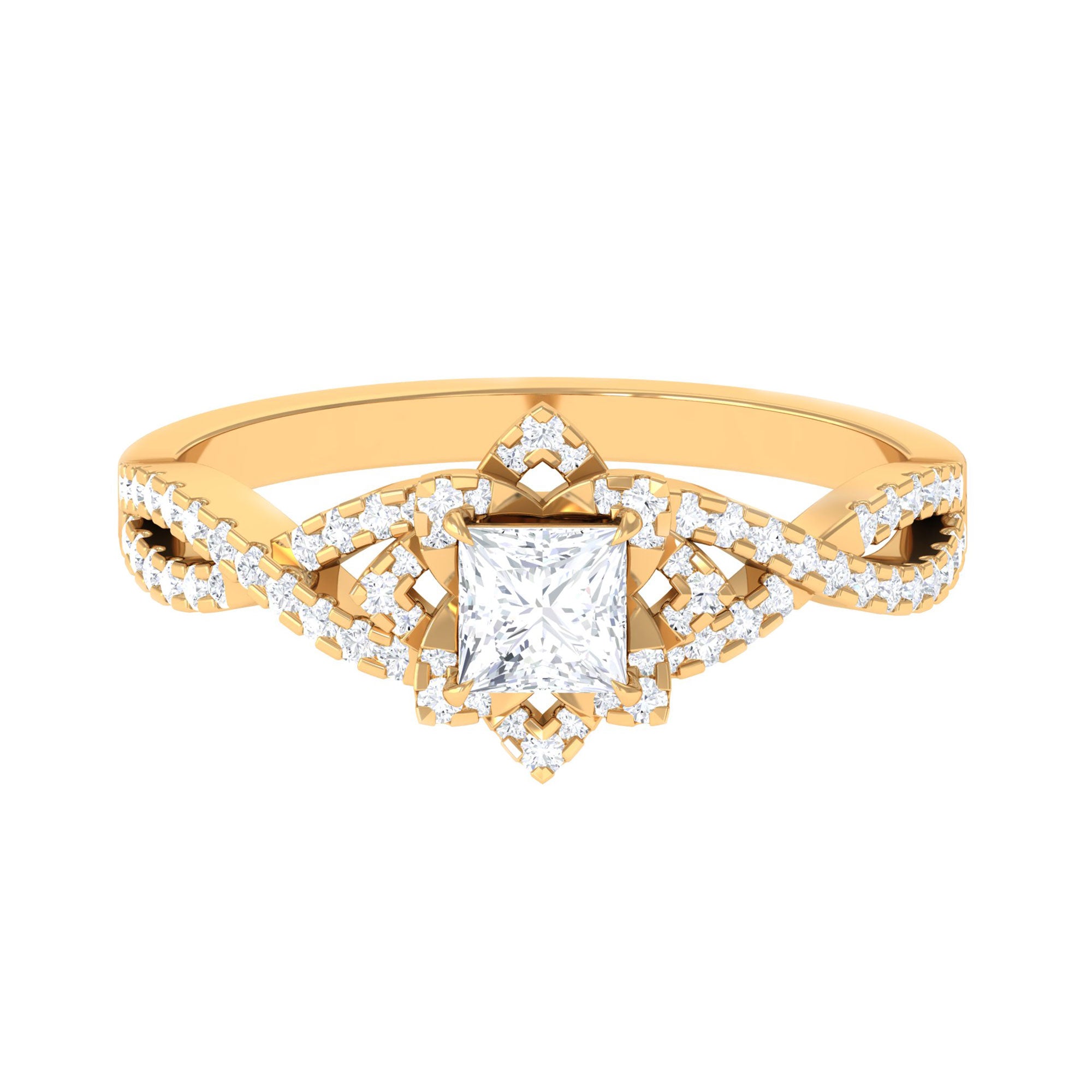 Natural Princess Cut Diamond Flower Engagement Ring with Crossover Shank Natural - ( HI-SI ) - Rosec Jewels
