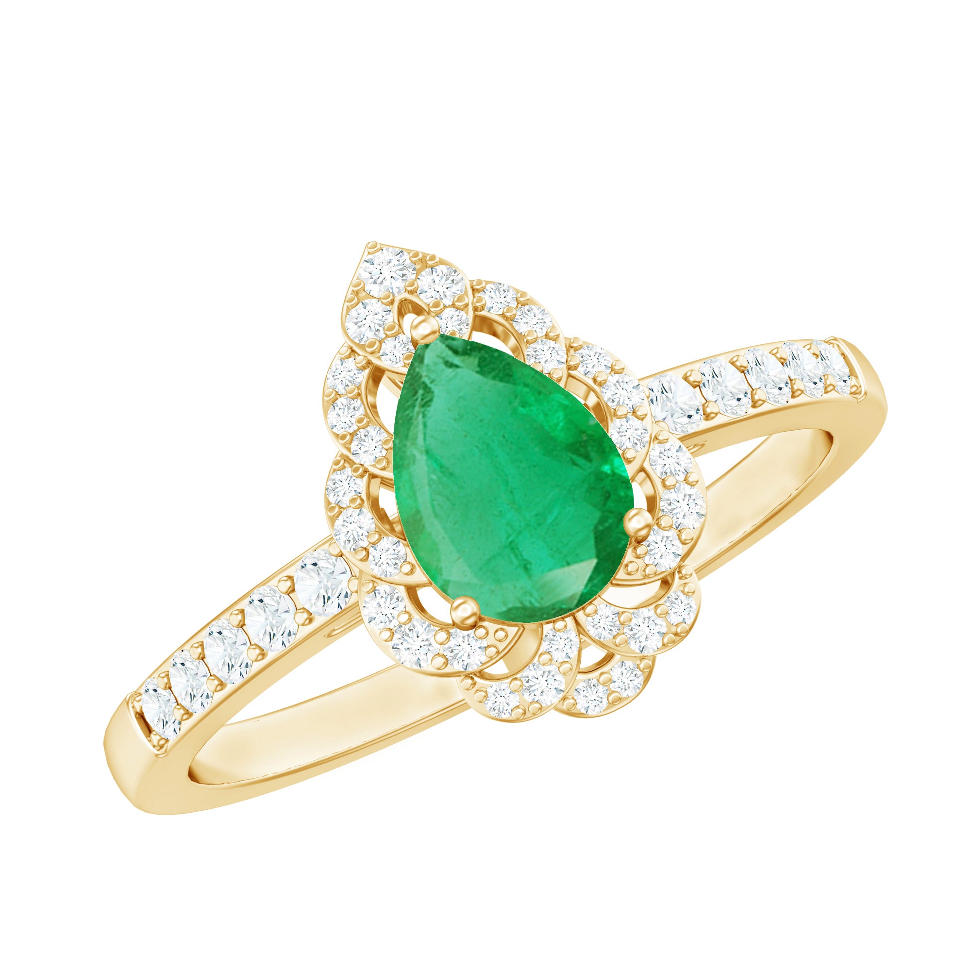 Rosec Jewels-Pear Shaped Emerald Nature Engagement Ring with Diamond