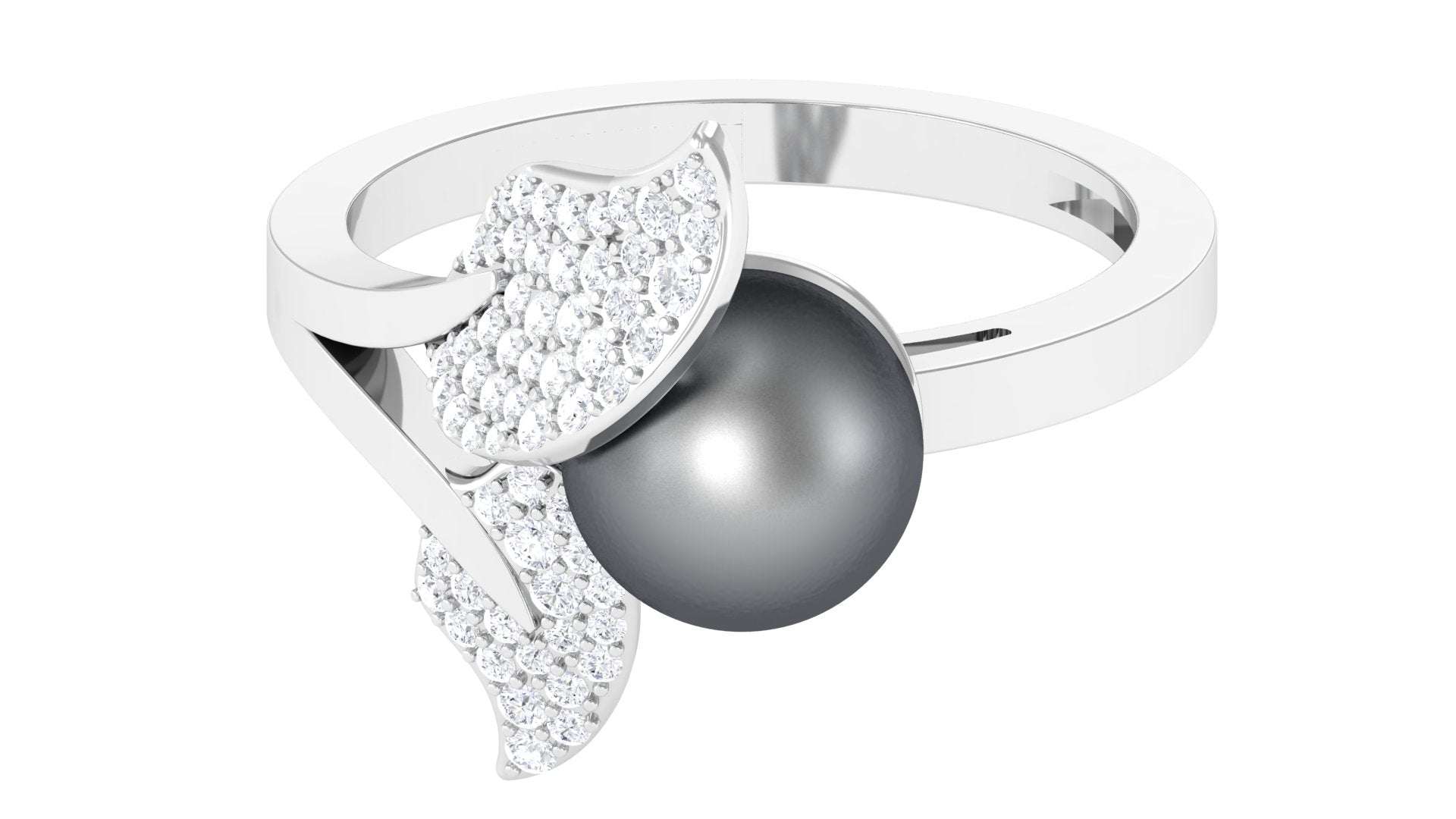 Round Tahitian Pearl and Diamond Leaf Engagement Ring