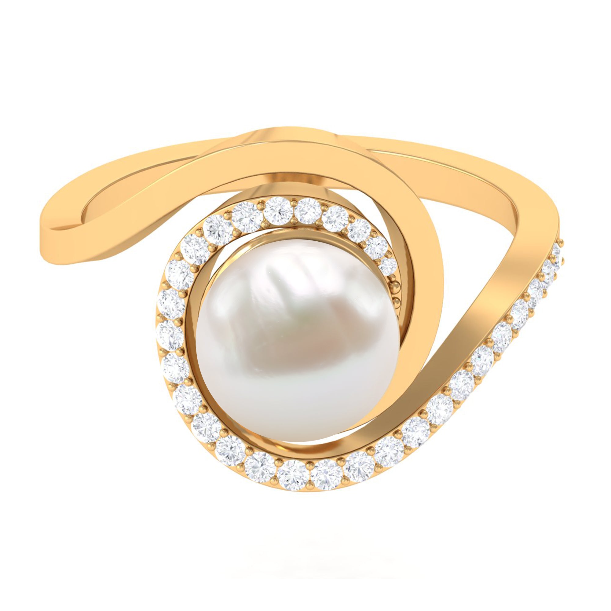 Rosec Jewels-Natural 7.4 carat Freshwater Pearl Engagement Ring with Diamond Bypass Shank