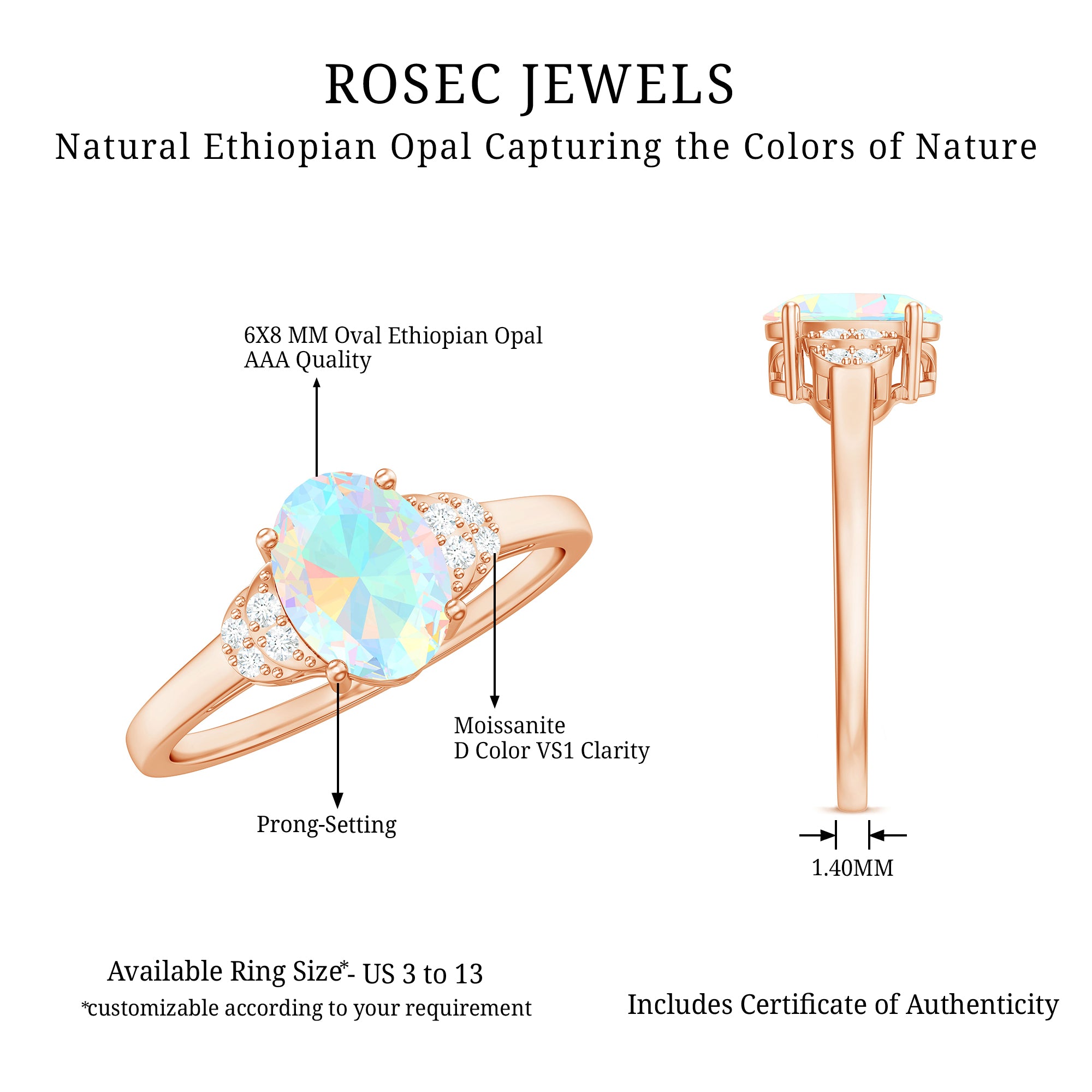 Classic 6X8 mm Ethiopian Opal Oval Engagement Ring AAA - Rosec Jewels