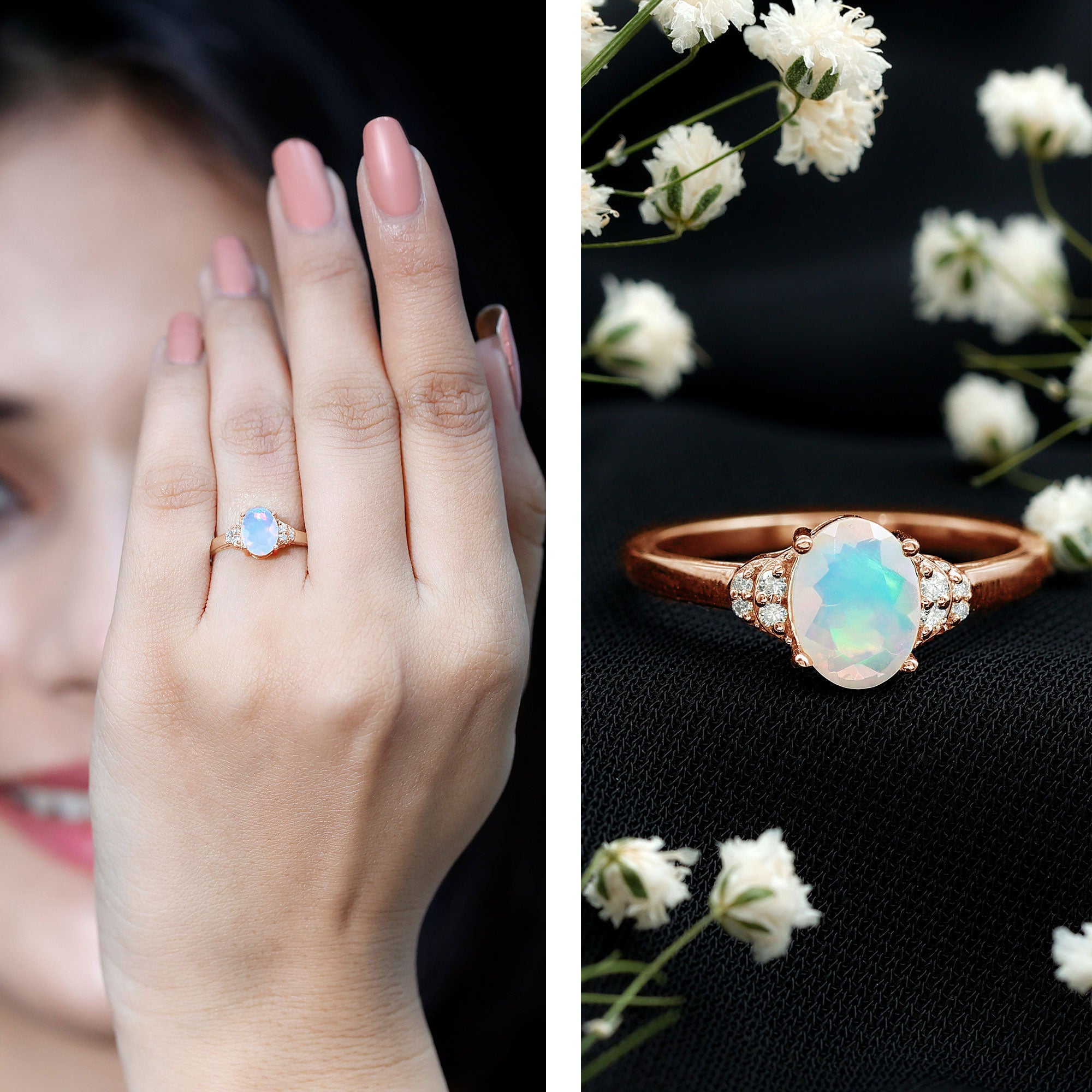 Classic 6X8 mm Ethiopian Opal Oval Engagement Ring AAA - Rosec Jewels