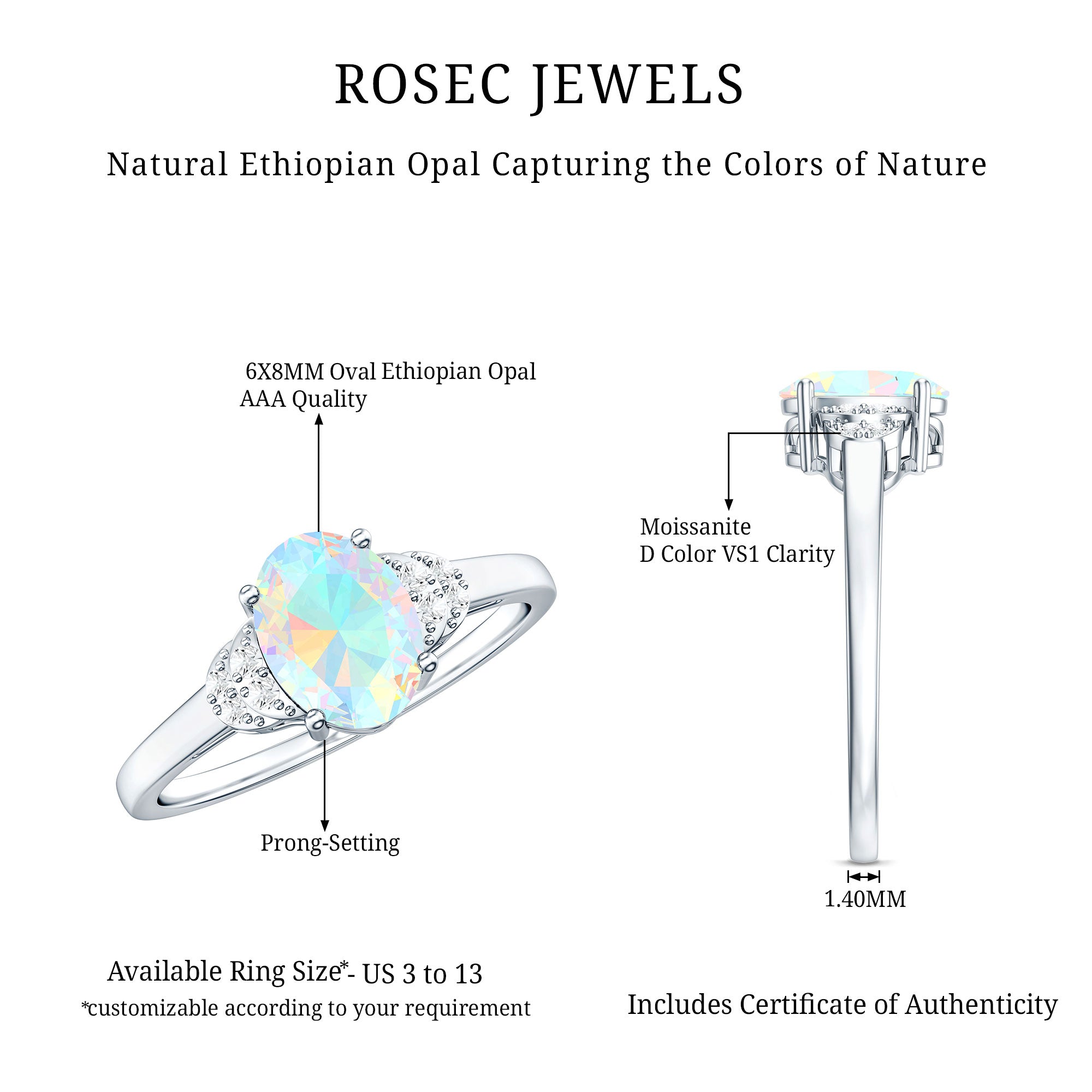 Classic 6X8 mm Ethiopian Opal Oval Engagement Ring AAA - Rosec Jewels