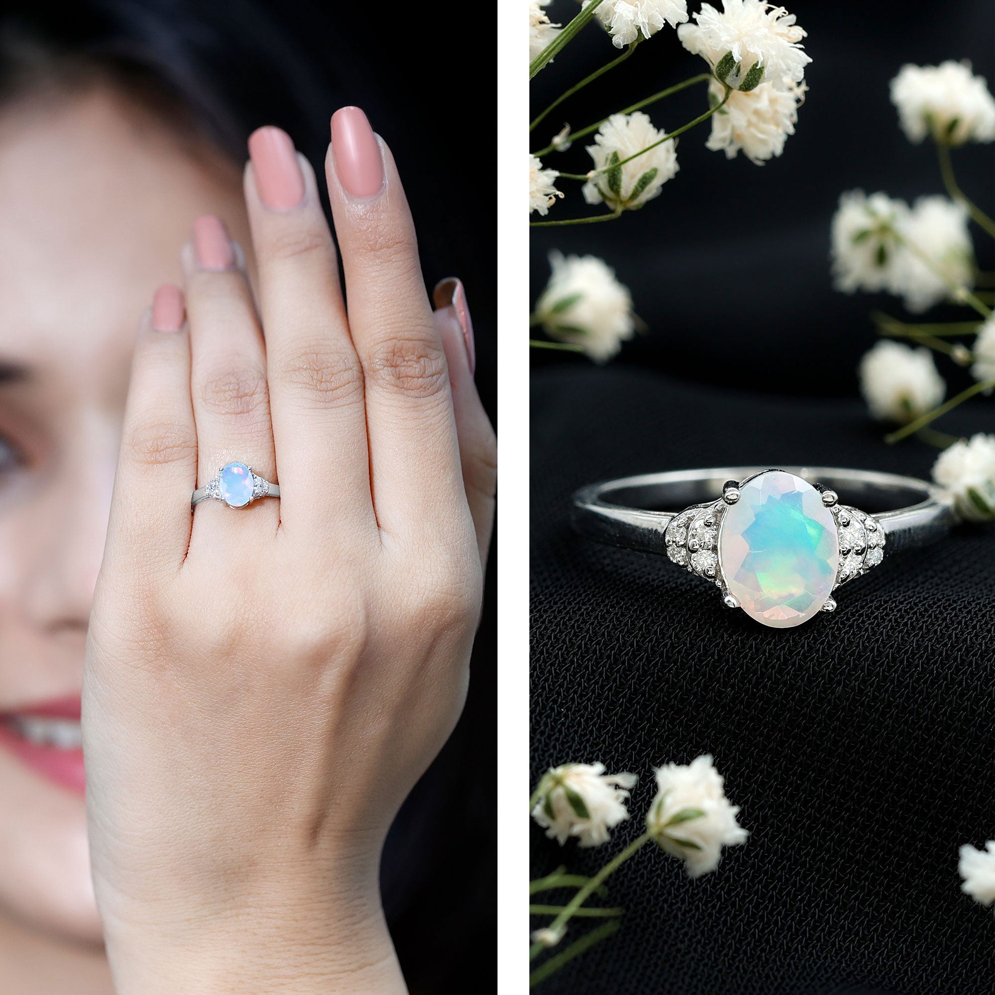 Classic 6X8 mm Ethiopian Opal Oval Engagement Ring AAA - Rosec Jewels
