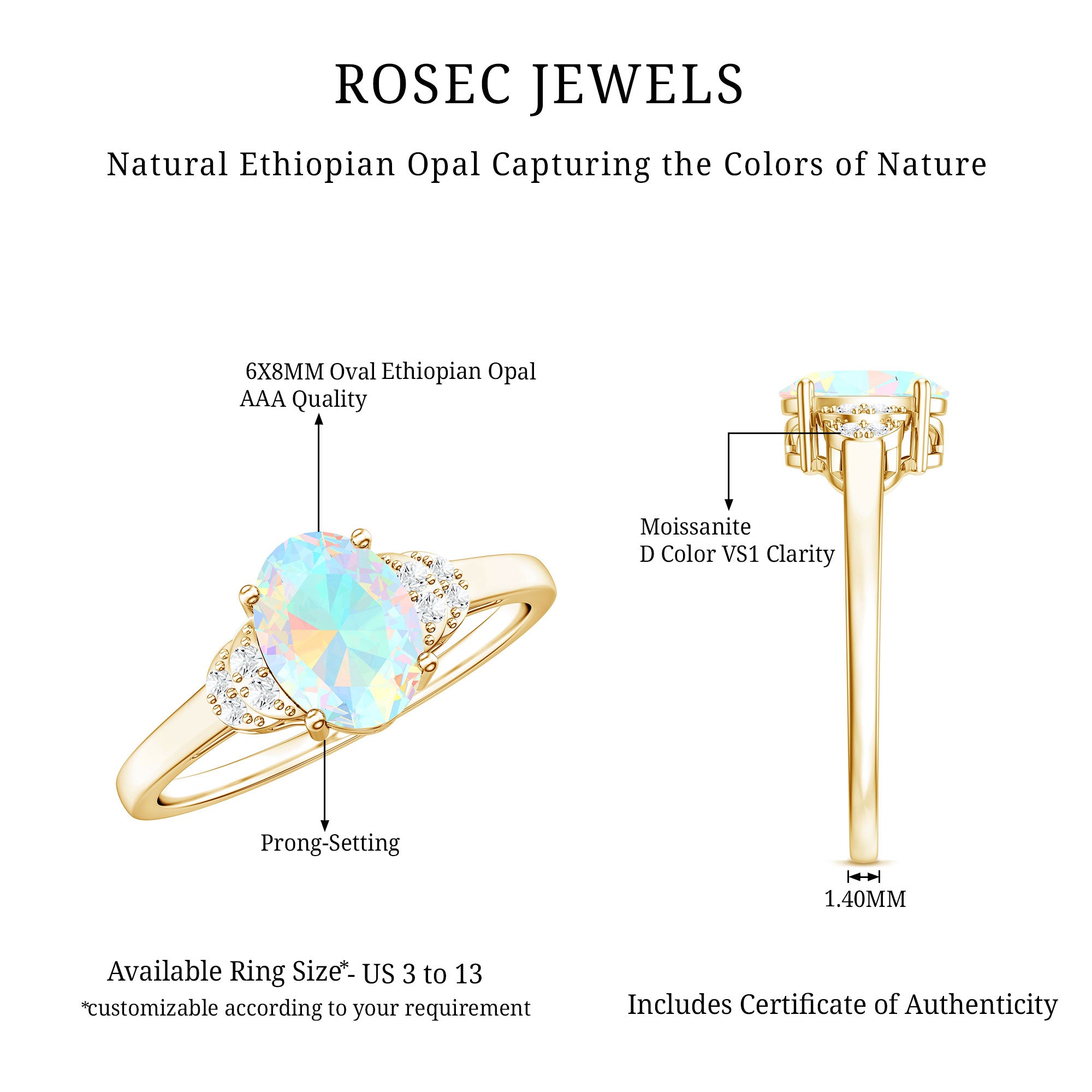 Classic 6X8 mm Ethiopian Opal Oval Engagement Ring AAA - Rosec Jewels