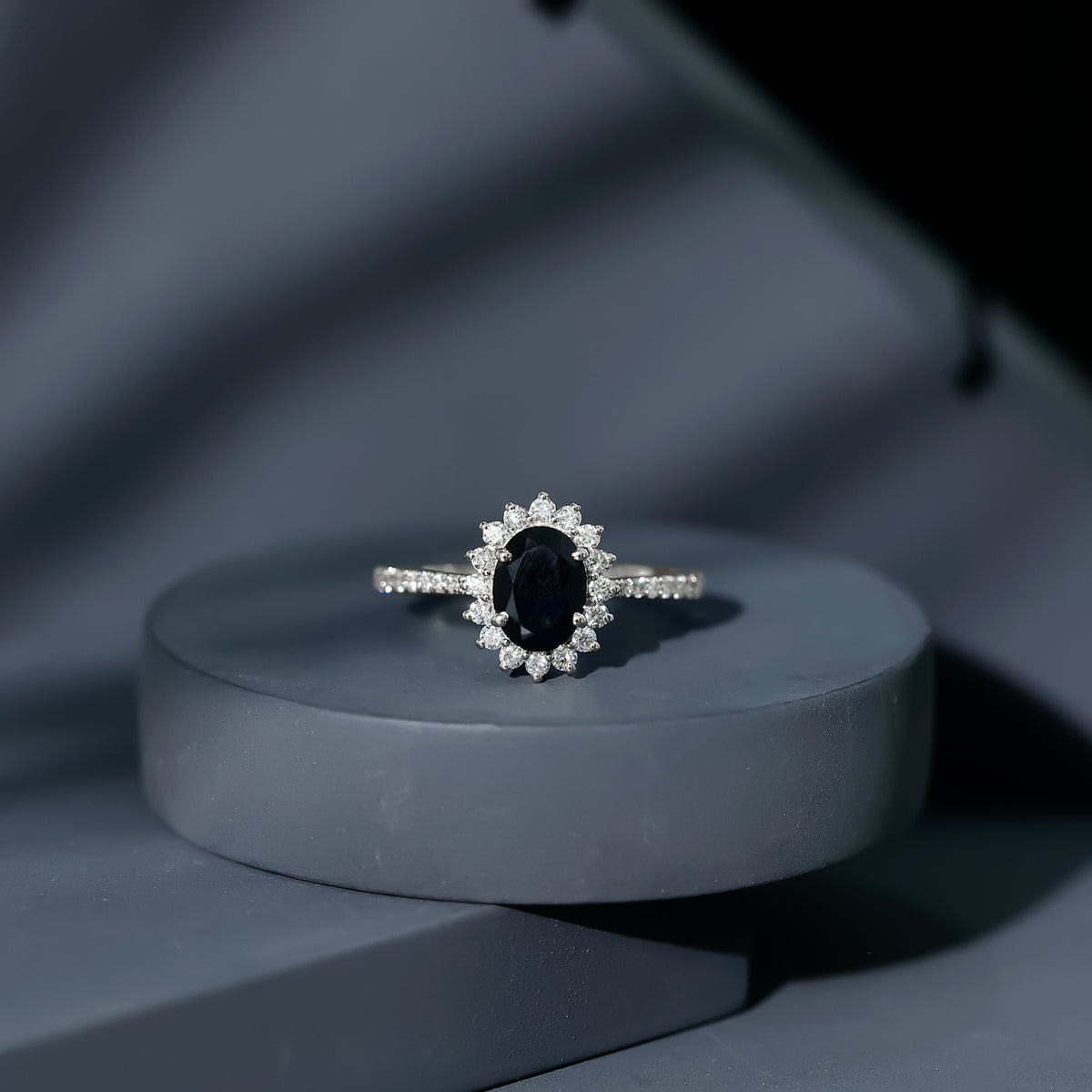 Certified 1.9 Carat Lab Grown Black Diamond Oval Engagement Ring with White Diamond AAAA ( Synthetic ) - Rosec Jewels