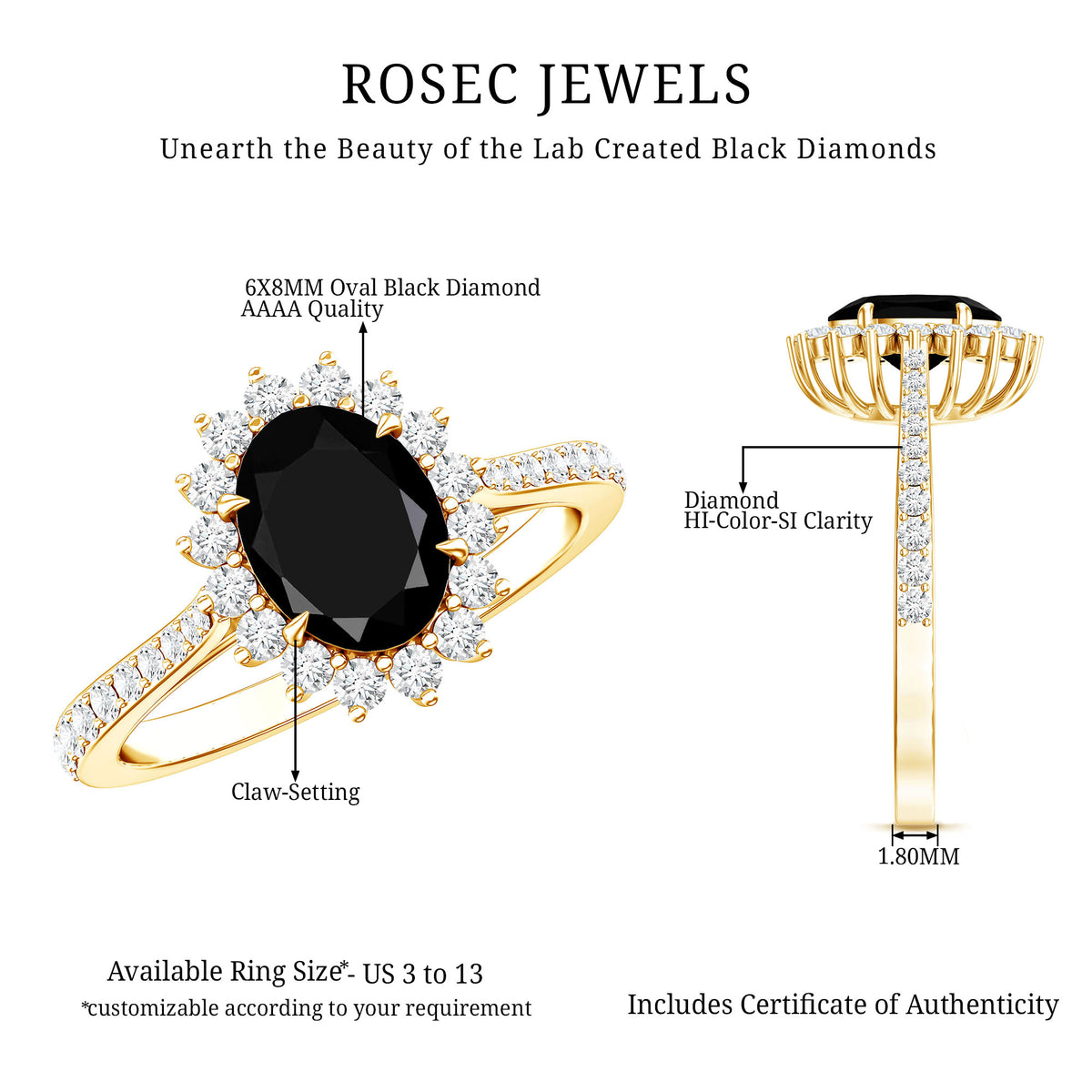 Certified 1.9 Carat Lab Grown Black Diamond Oval Engagement Ring with White Diamond AAAA ( Synthetic ) - Rosec Jewels