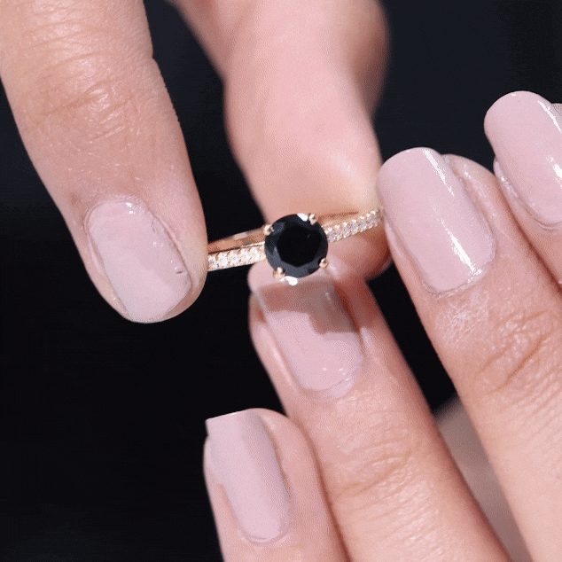 Round Black Onyx Engagement Ring with Diamond Side Stones AAA - Rosec Jewels