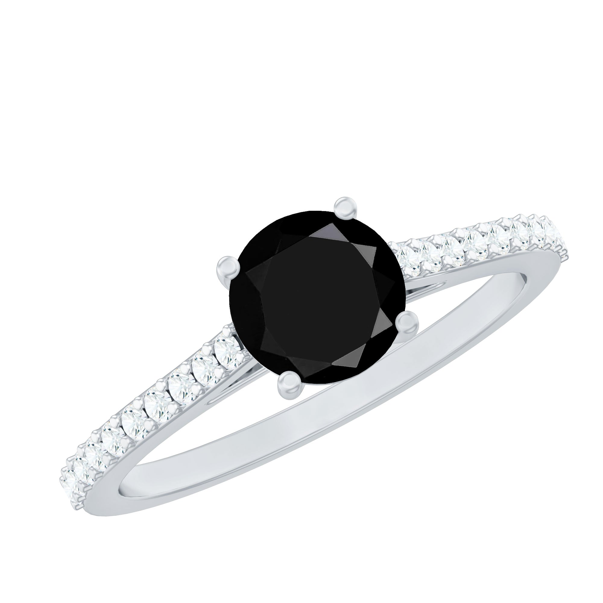 Round Black Onyx Engagement Ring with Diamond Side Stones AAA - Rosec Jewels