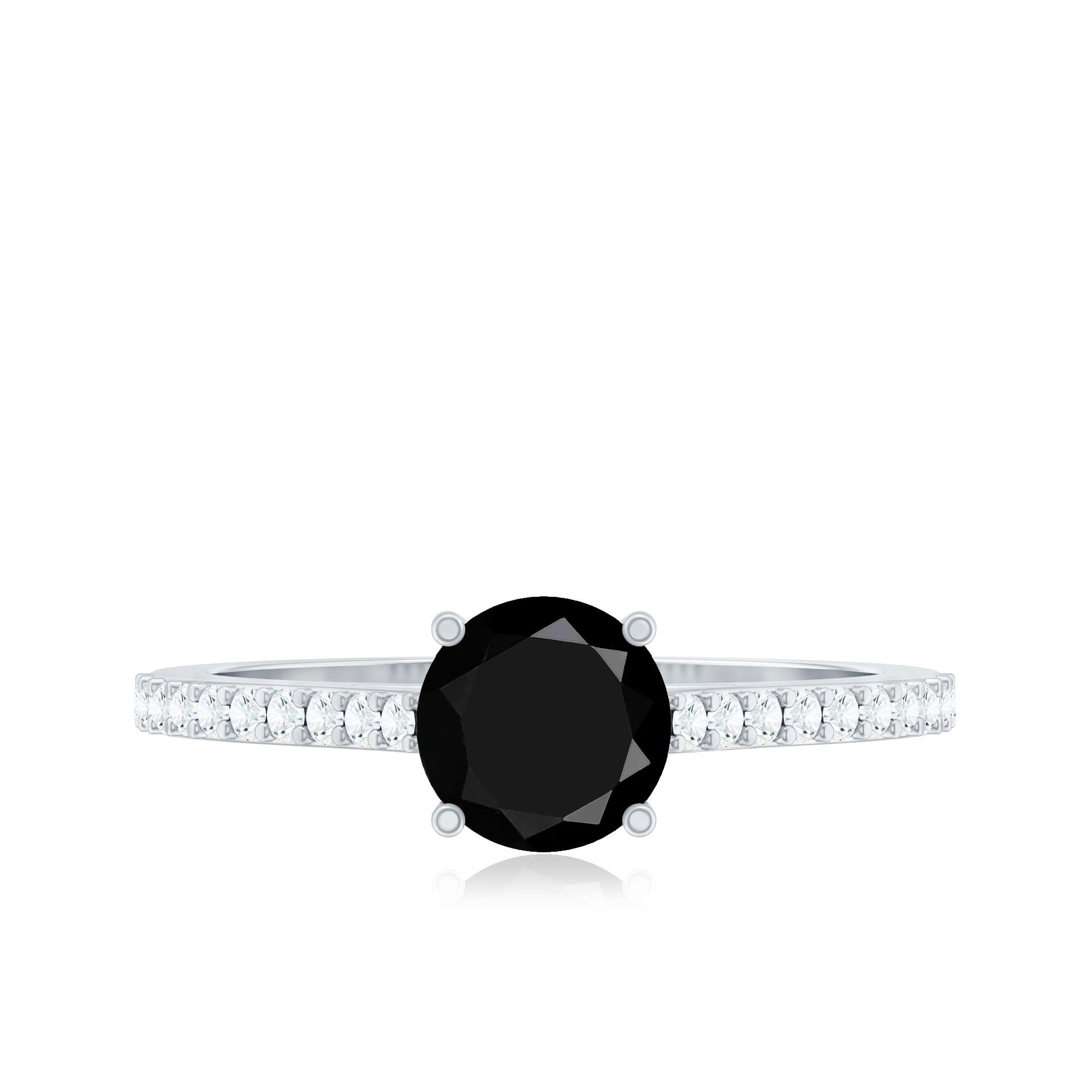 Round Black Onyx Engagement Ring with Diamond Side Stones AAA - Rosec Jewels