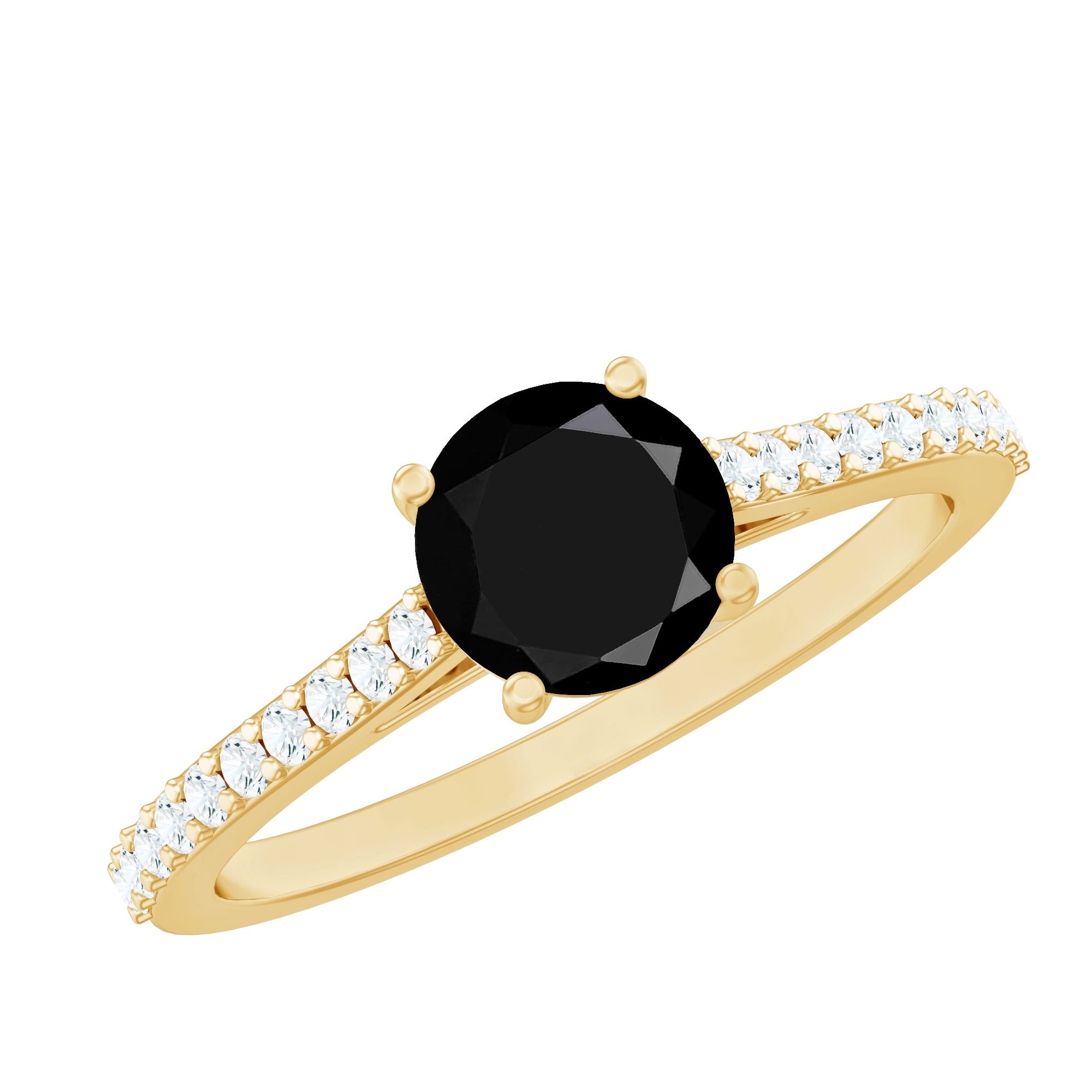 Round Black Onyx Engagement Ring with Diamond Side Stones AAA - Rosec Jewels