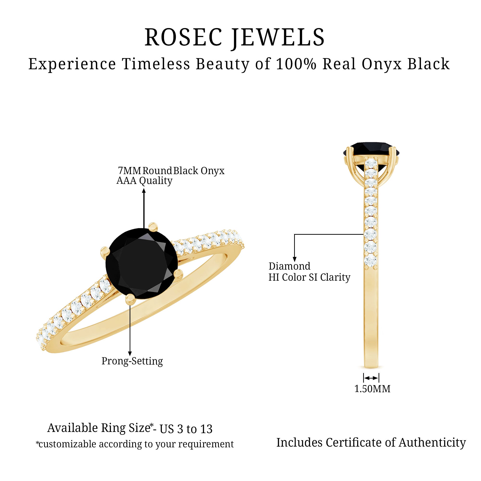 Round Black Onyx Engagement Ring with Diamond Side Stones AAA - Rosec Jewels