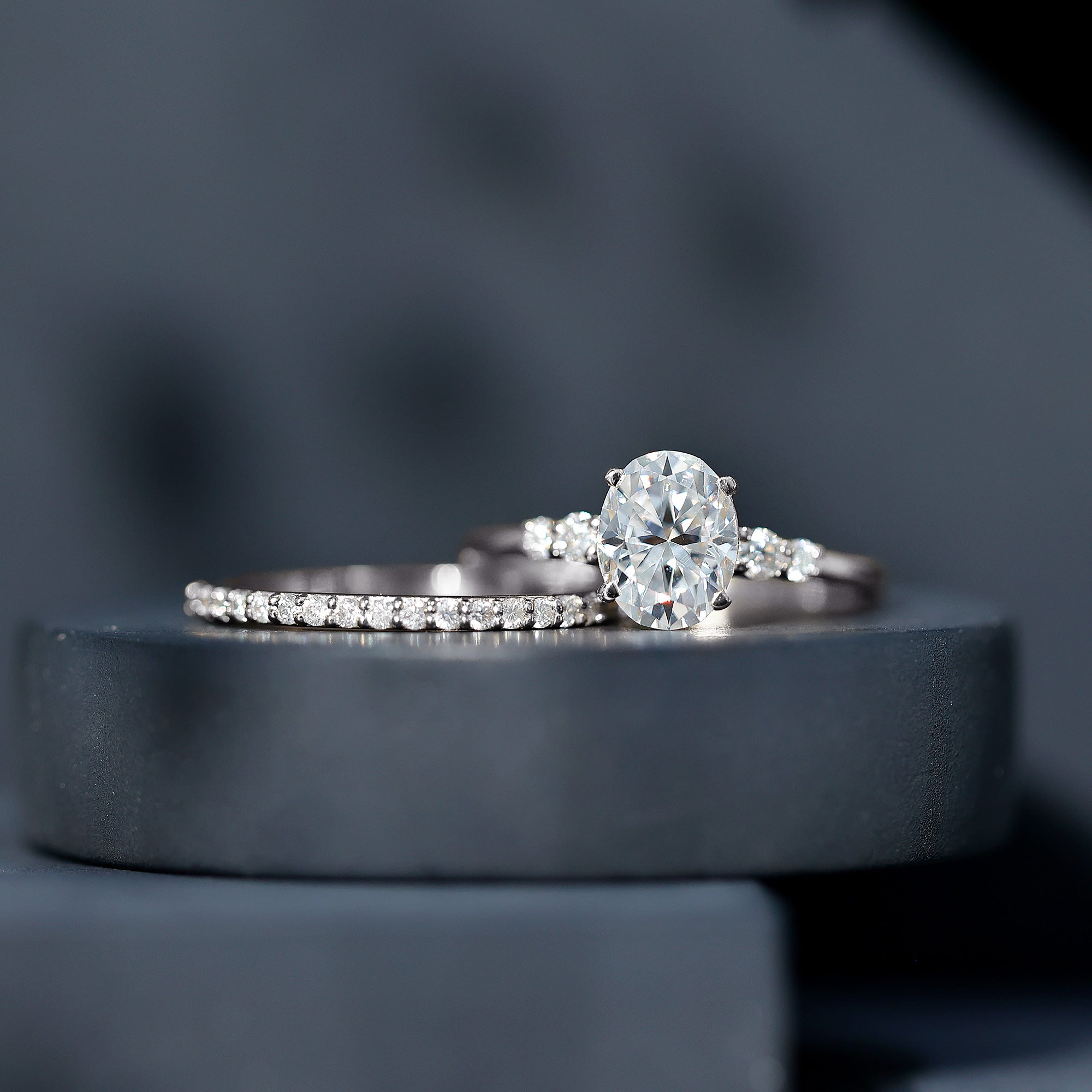 Certified Oval Cut Moissanite Engagement Ring with Wedding Band Set D-VS1 - Rosec Jewels