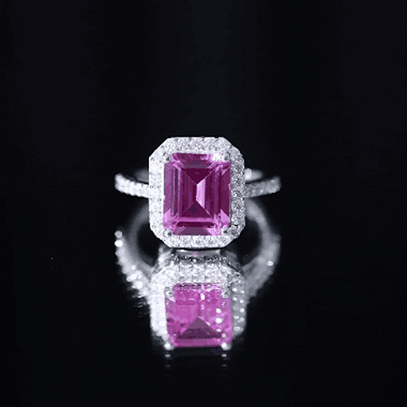 Certified 2.75 Carat Lab Grown Pink Sapphire Emerald Cut Engagement Ring with Halo AAAA 92.5 Sterling Silver - Rosec Jewels