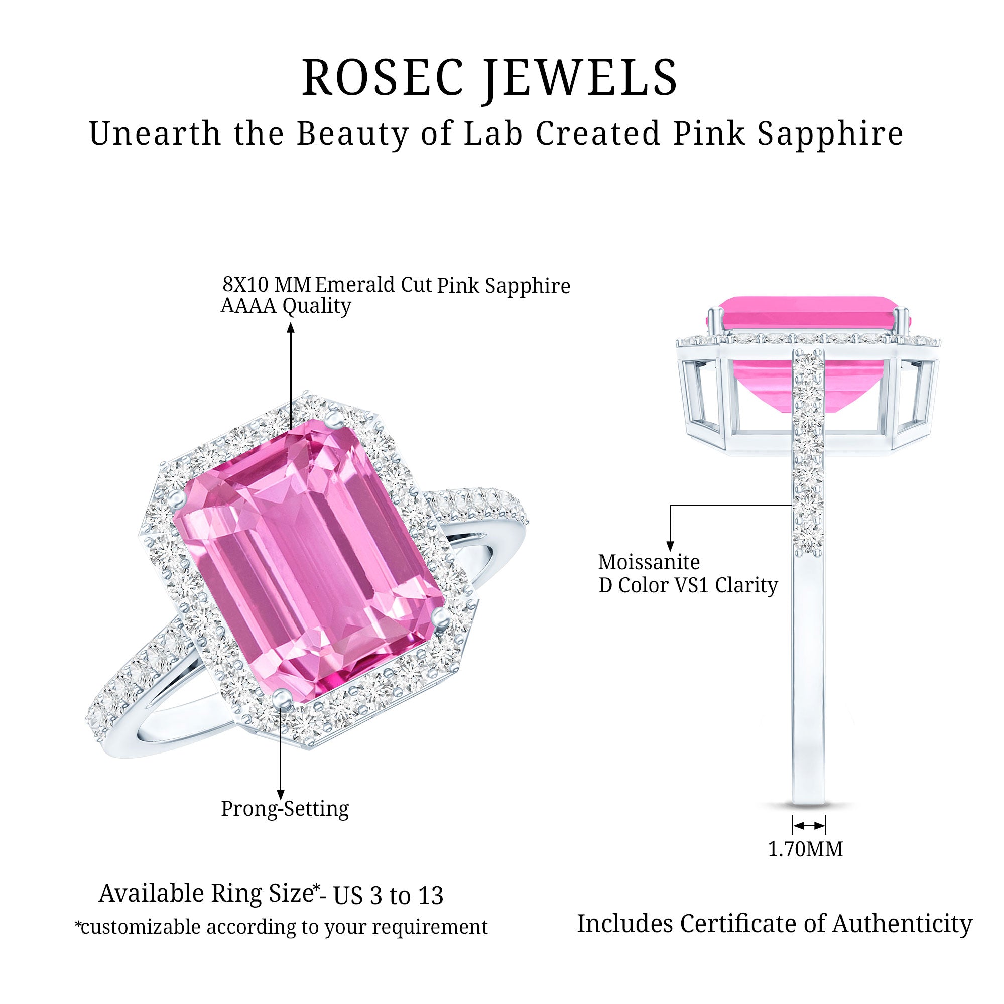 Certified 2.75 Carat Lab Grown Pink Sapphire Emerald Cut Engagement Ring with Halo AAAA 92.5 Sterling Silver - Rosec Jewels