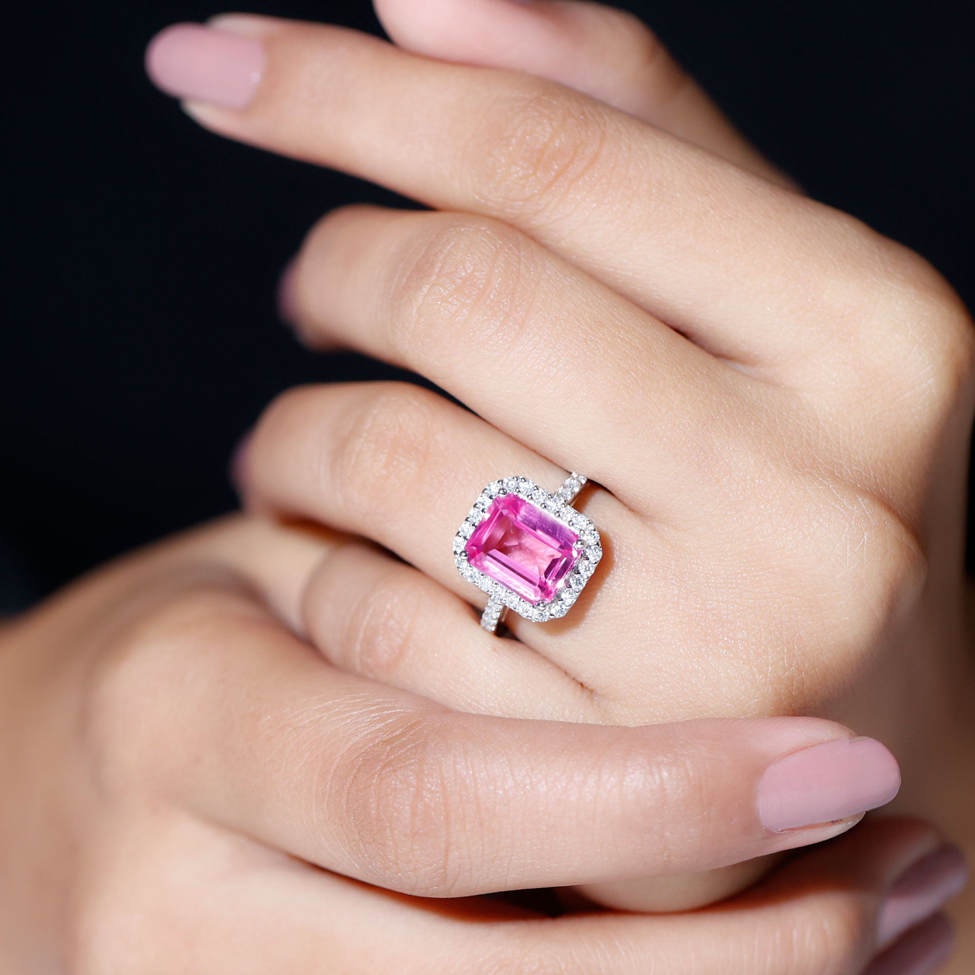 Certified 2.75 Carat Lab Grown Pink Sapphire Emerald Cut Engagement Ring with Halo AAAA 92.5 Sterling Silver - Rosec Jewels