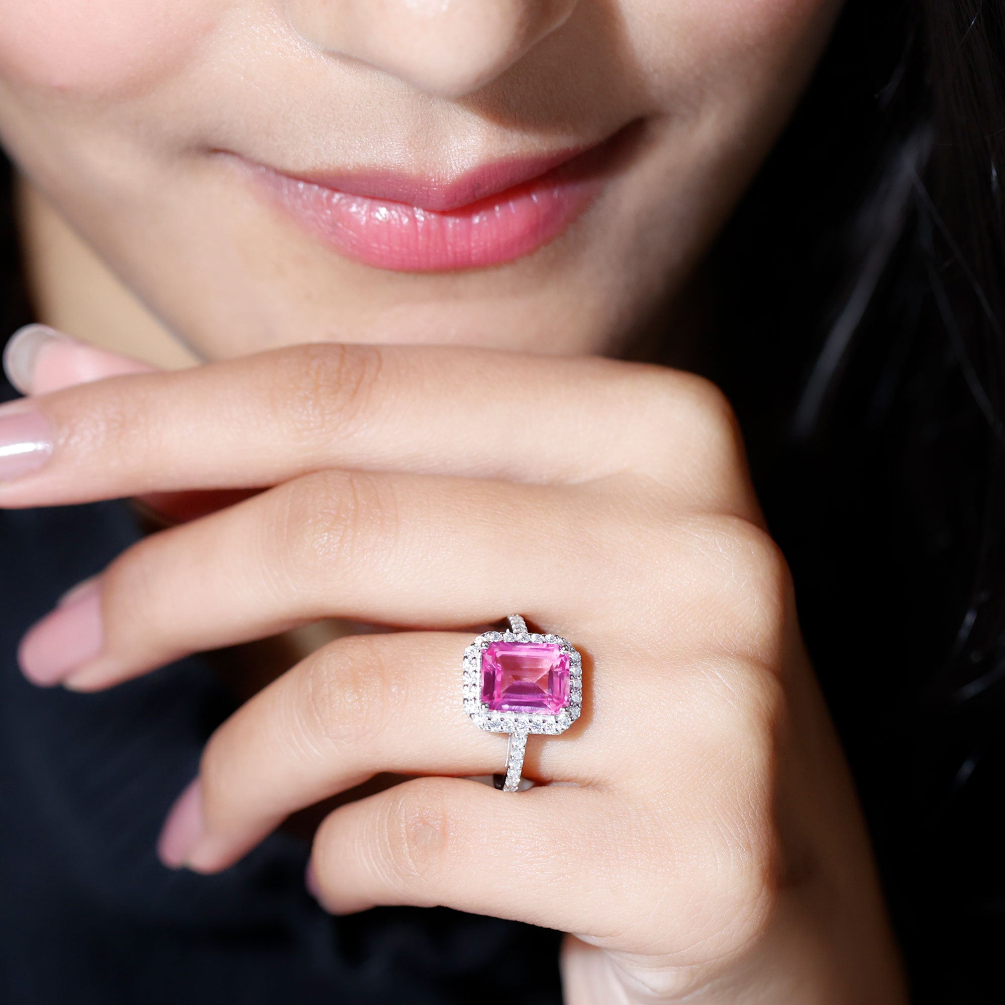 Certified 2.75 Carat Lab Grown Pink Sapphire Emerald Cut Engagement Ring with Halo AAAA 92.5 Sterling Silver - Rosec Jewels