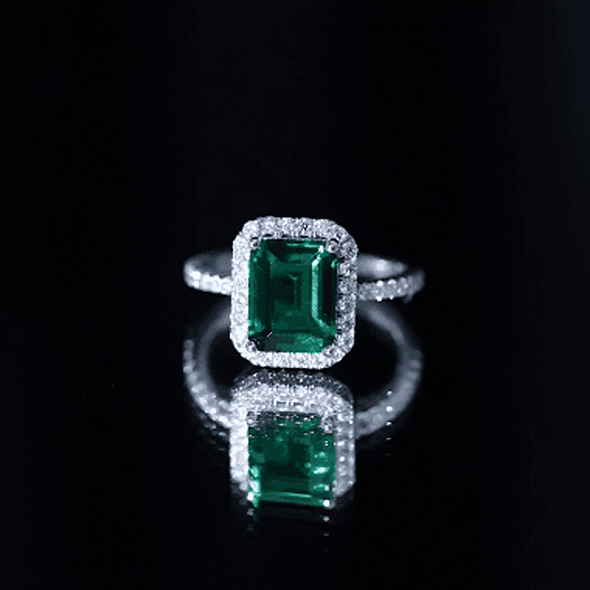 Certified 2.3 Carat Emerald Cut Lab Grown Emerald Engagement Ring with Halo AAAA 92.5 Sterling Silver - Rosec Jewels