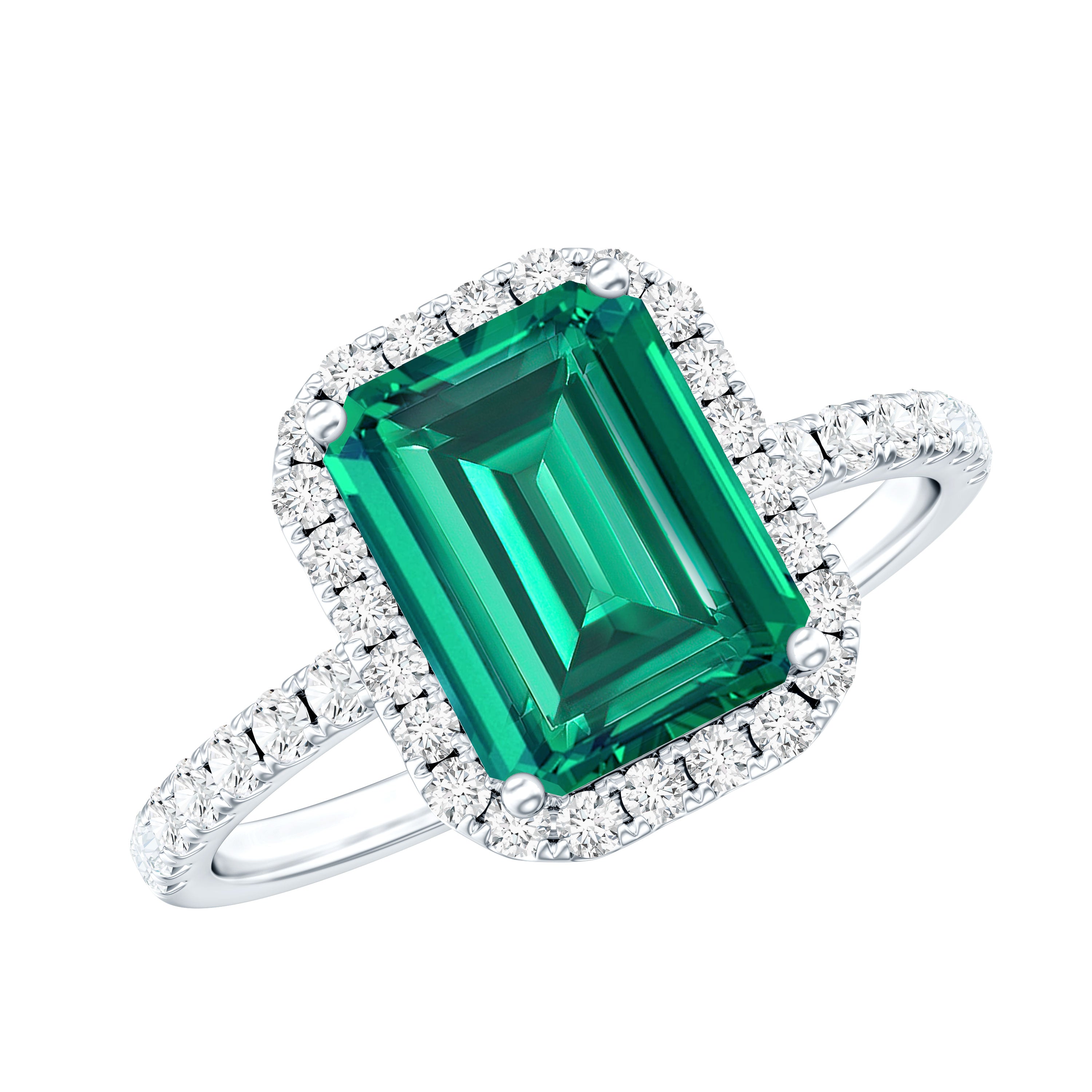 Certified 2.3 Carat Emerald Cut Lab Grown Emerald Engagement Ring with Halo AAAA 92.5 Sterling Silver - Rosec Jewels