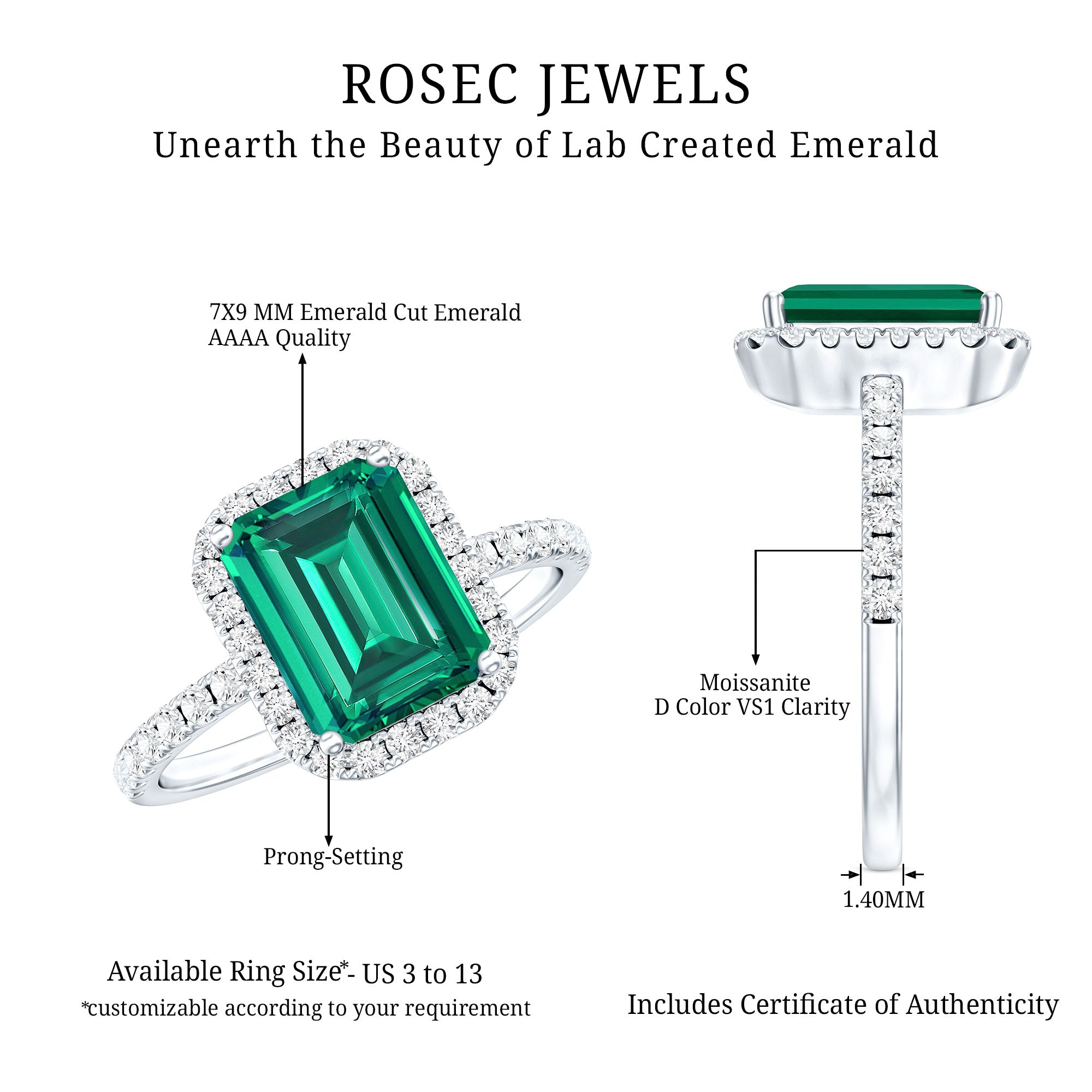 Certified 2.3 Carat Emerald Cut Lab Grown Emerald Engagement Ring with Halo AAAA 92.5 Sterling Silver - Rosec Jewels