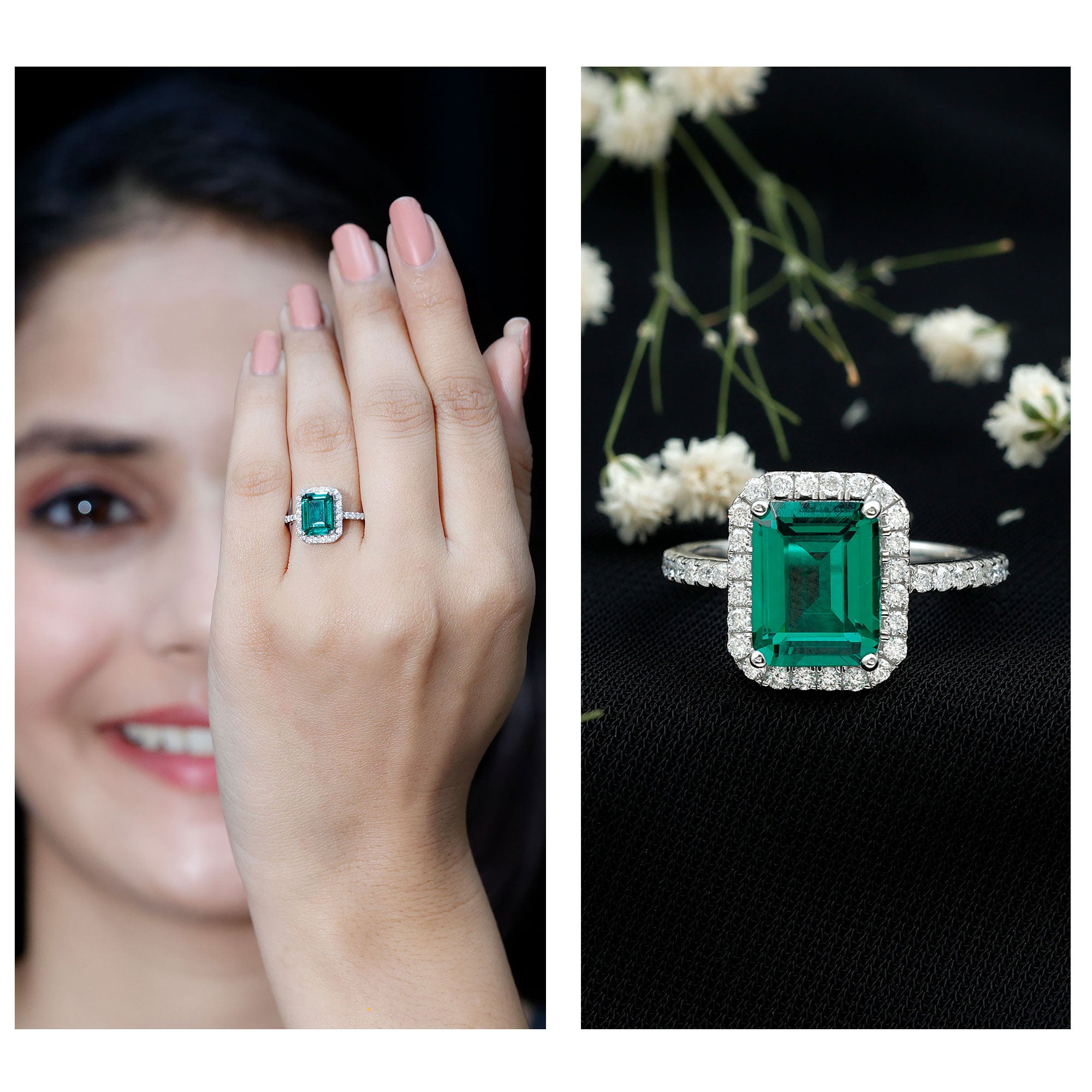 Certified 2.3 Carat Emerald Cut Lab Grown Emerald Engagement Ring with Halo AAAA 92.5 Sterling Silver - Rosec Jewels