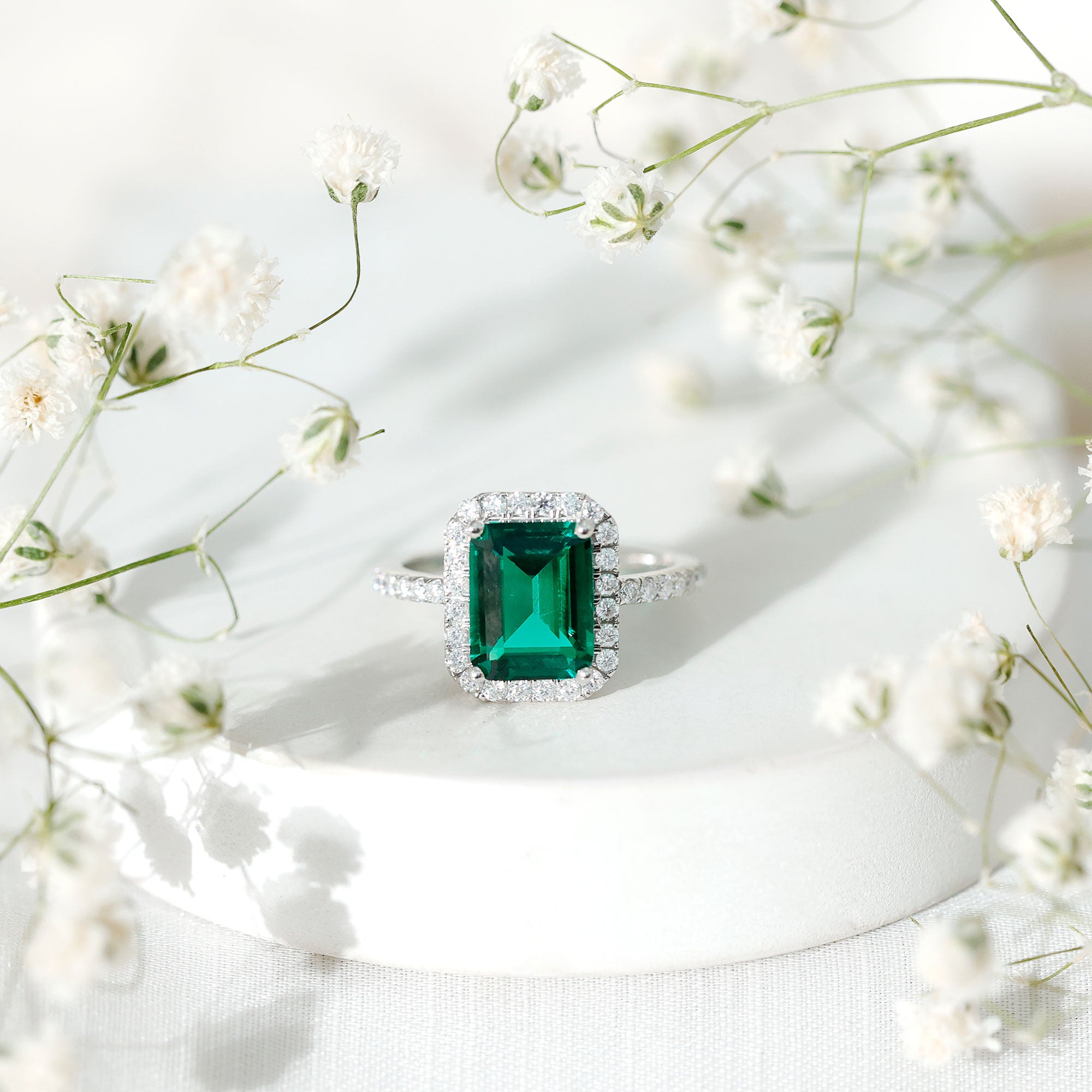 Certified 2.3 Carat Emerald Cut Lab Grown Emerald Engagement Ring with Halo AAAA 92.5 Sterling Silver - Rosec Jewels