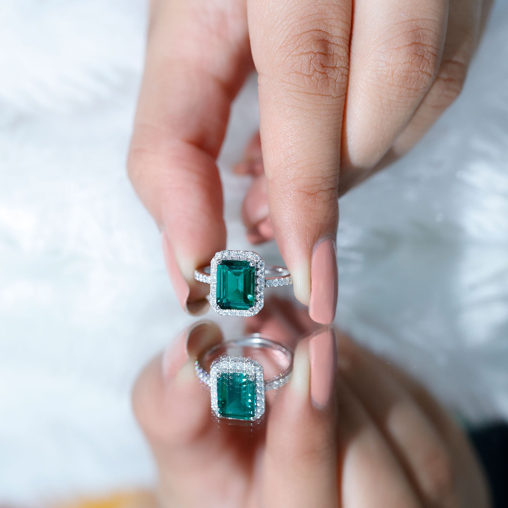 Certified 2.3 Carat Emerald Cut Lab Grown Emerald Engagement Ring with Halo AAAA 92.5 Sterling Silver - Rosec Jewels