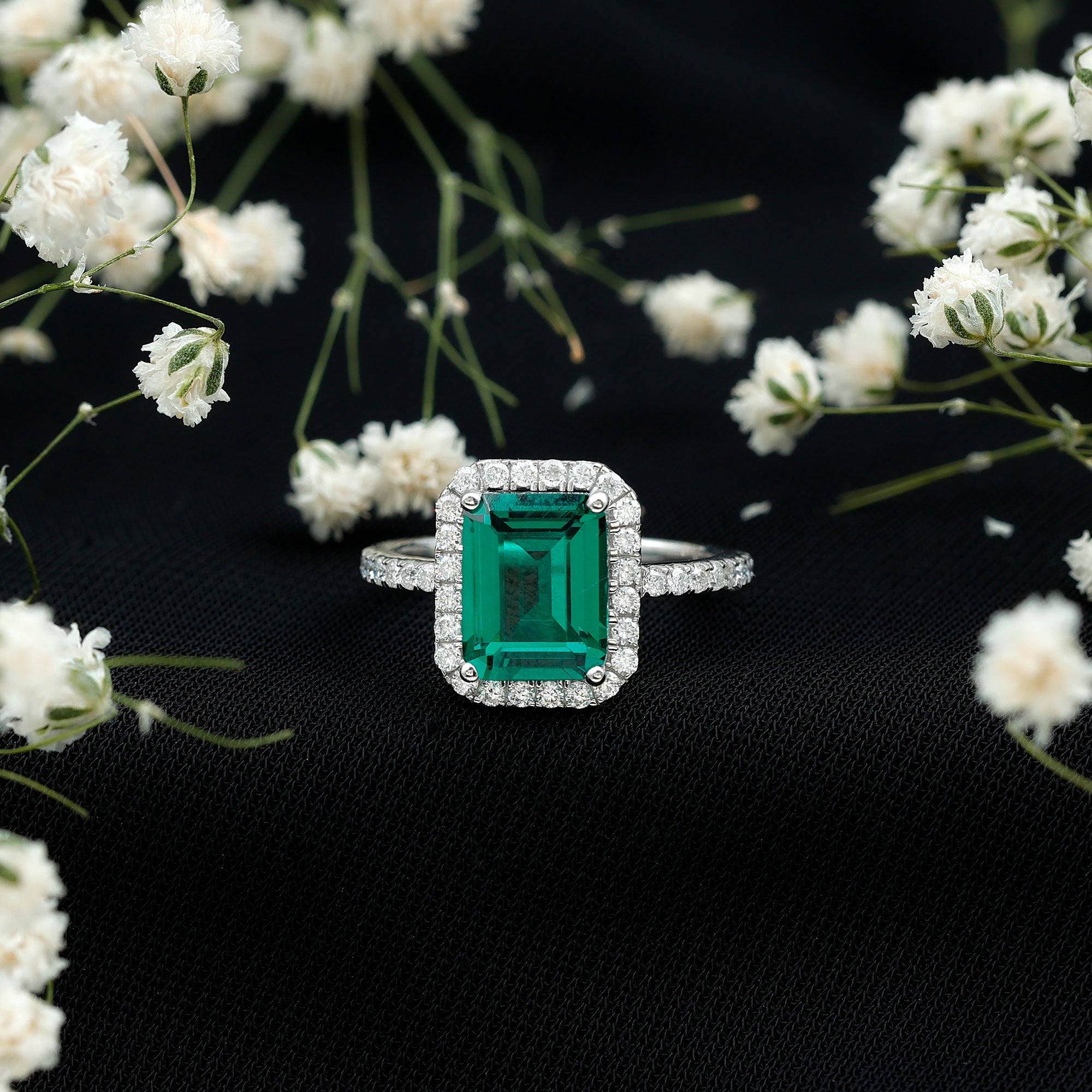 Certified 2.3 Carat Emerald Cut Lab Grown Emerald Engagement Ring with Halo AAAA 92.5 Sterling Silver - Rosec Jewels